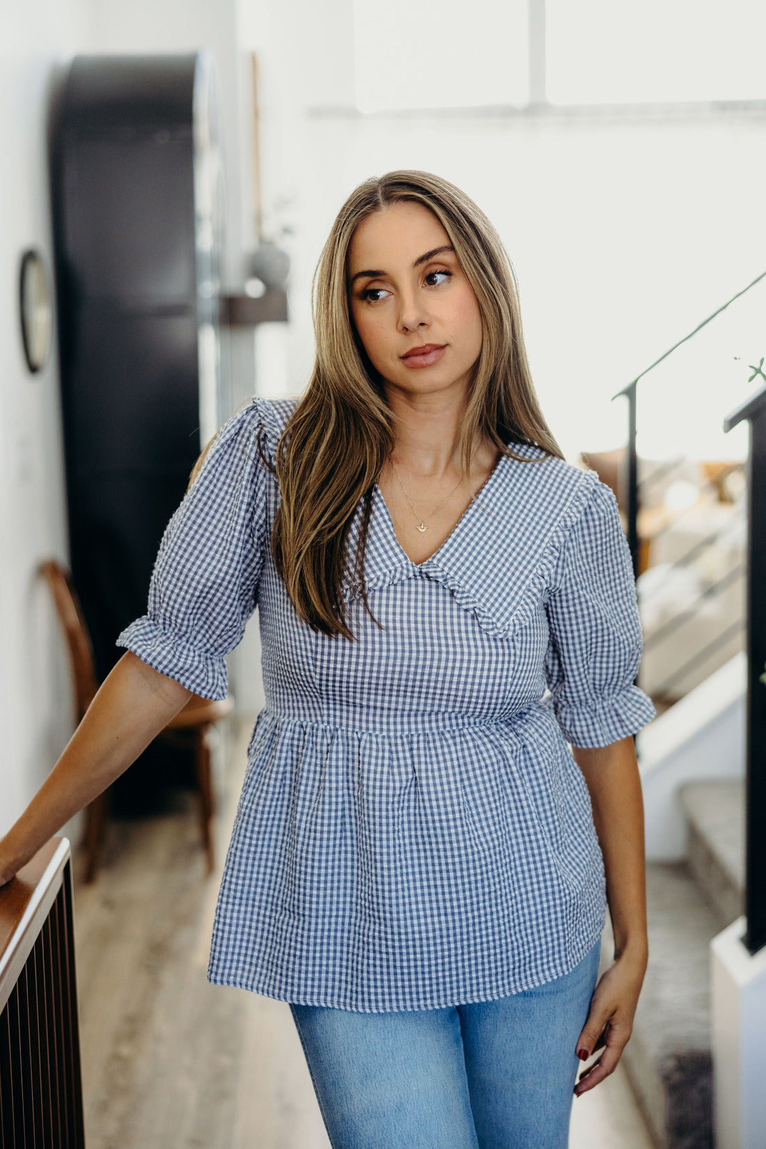 PETER PAN COLLARED BLOUSE IN LIGHT BLUE GINGHAM FINAL SALE