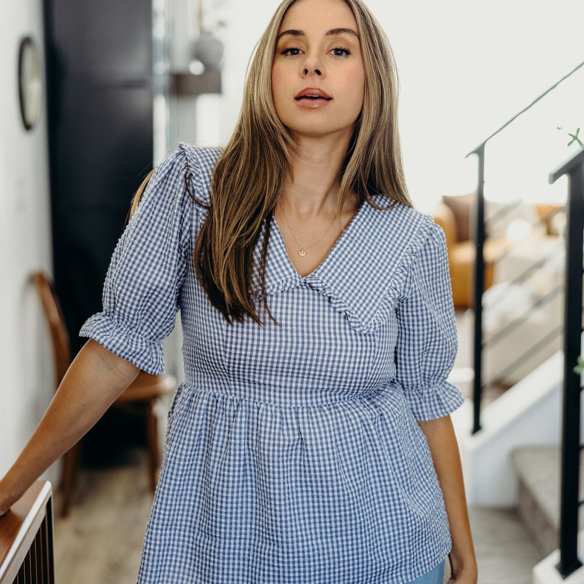 PETER PAN COLLARED BLOUSE IN LIGHT BLUE GINGHAM FINAL SALE