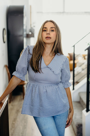 PETER PAN COLLARED BLOUSE IN LIGHT BLUE GINGHAM FINAL SALE