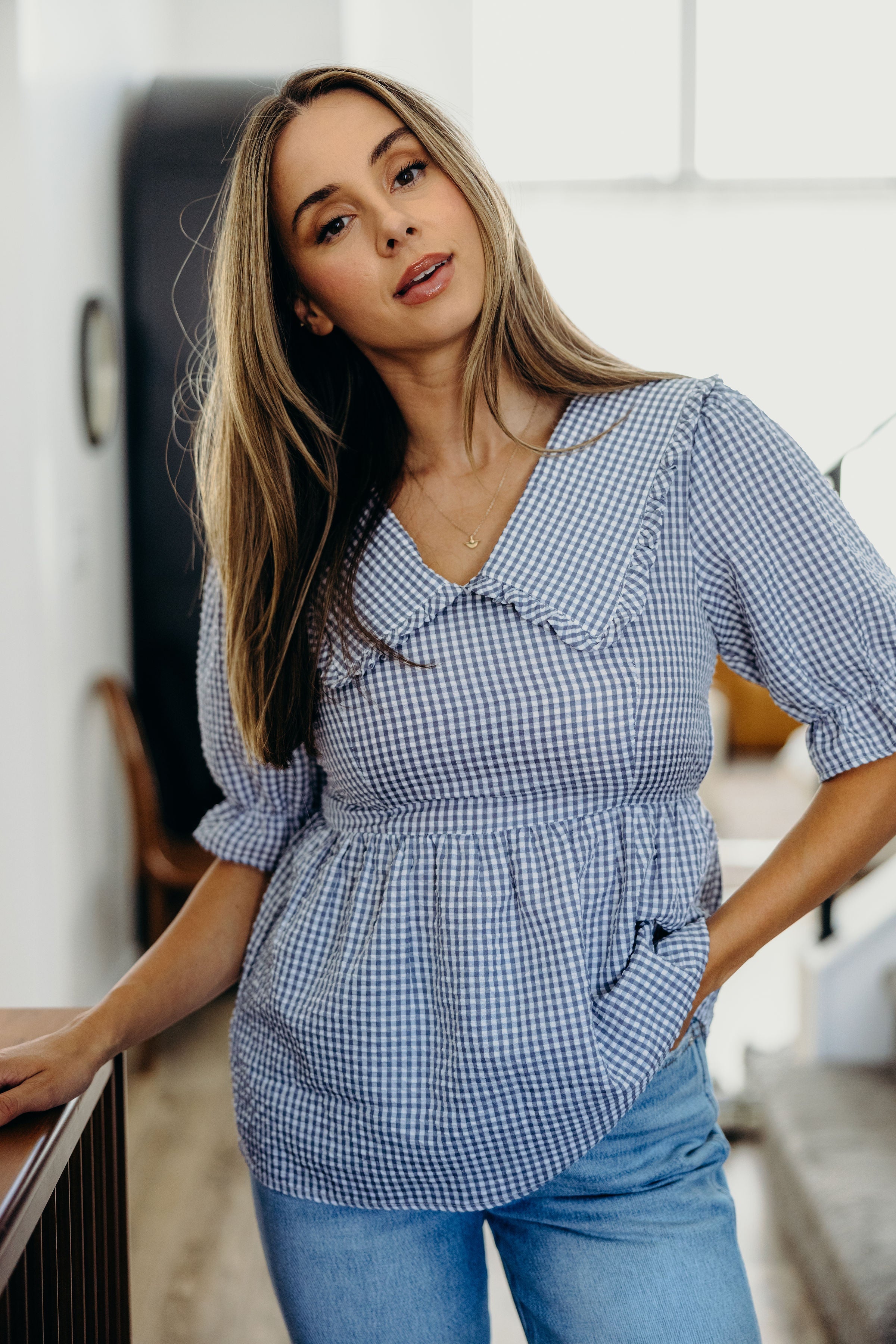 PETER PAN COLLARED BLOUSE IN LIGHT BLUE GINGHAM FINAL SALE