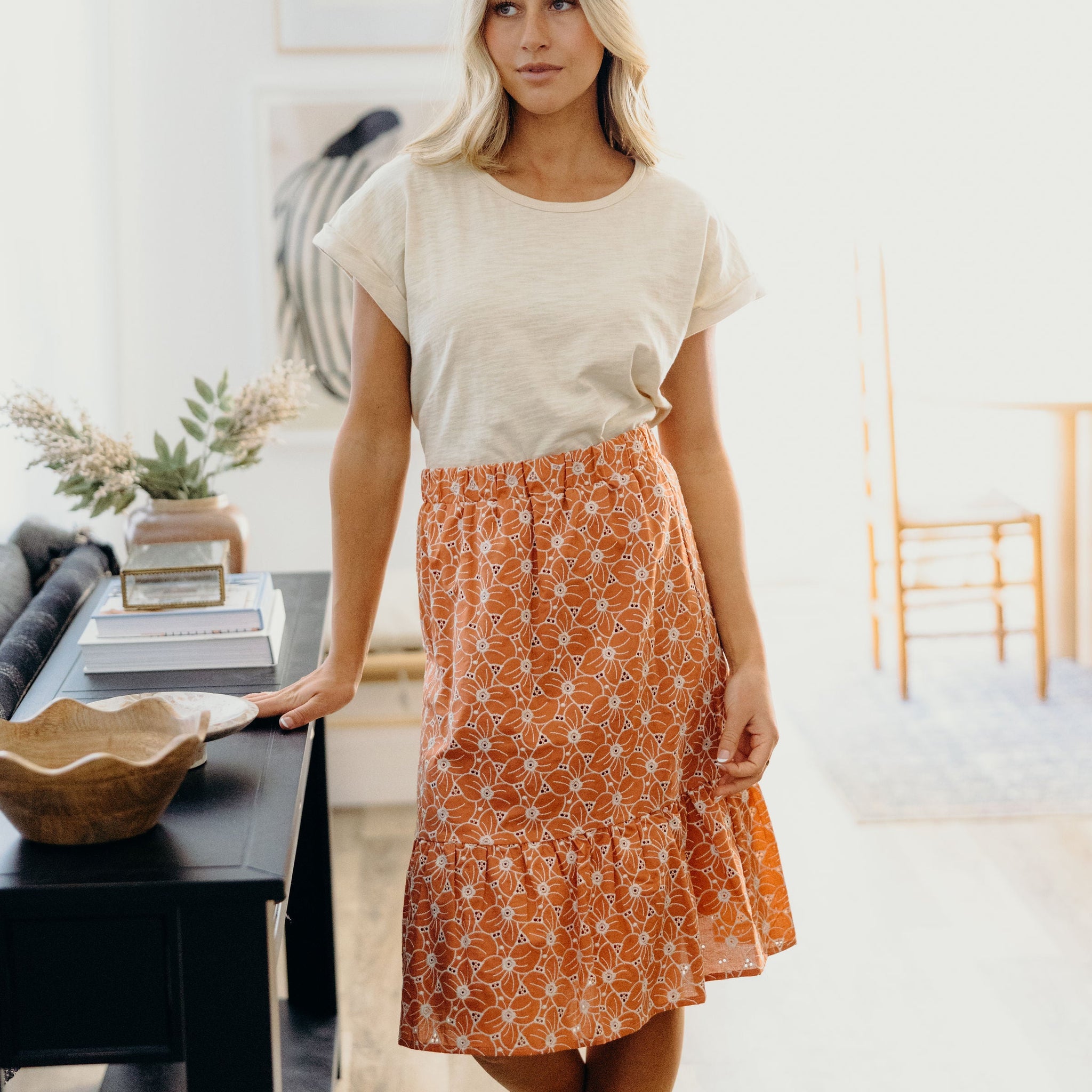 EMBROIDERED ORGANZA SKIRT IN BURNT ORANGE FINAL SALE