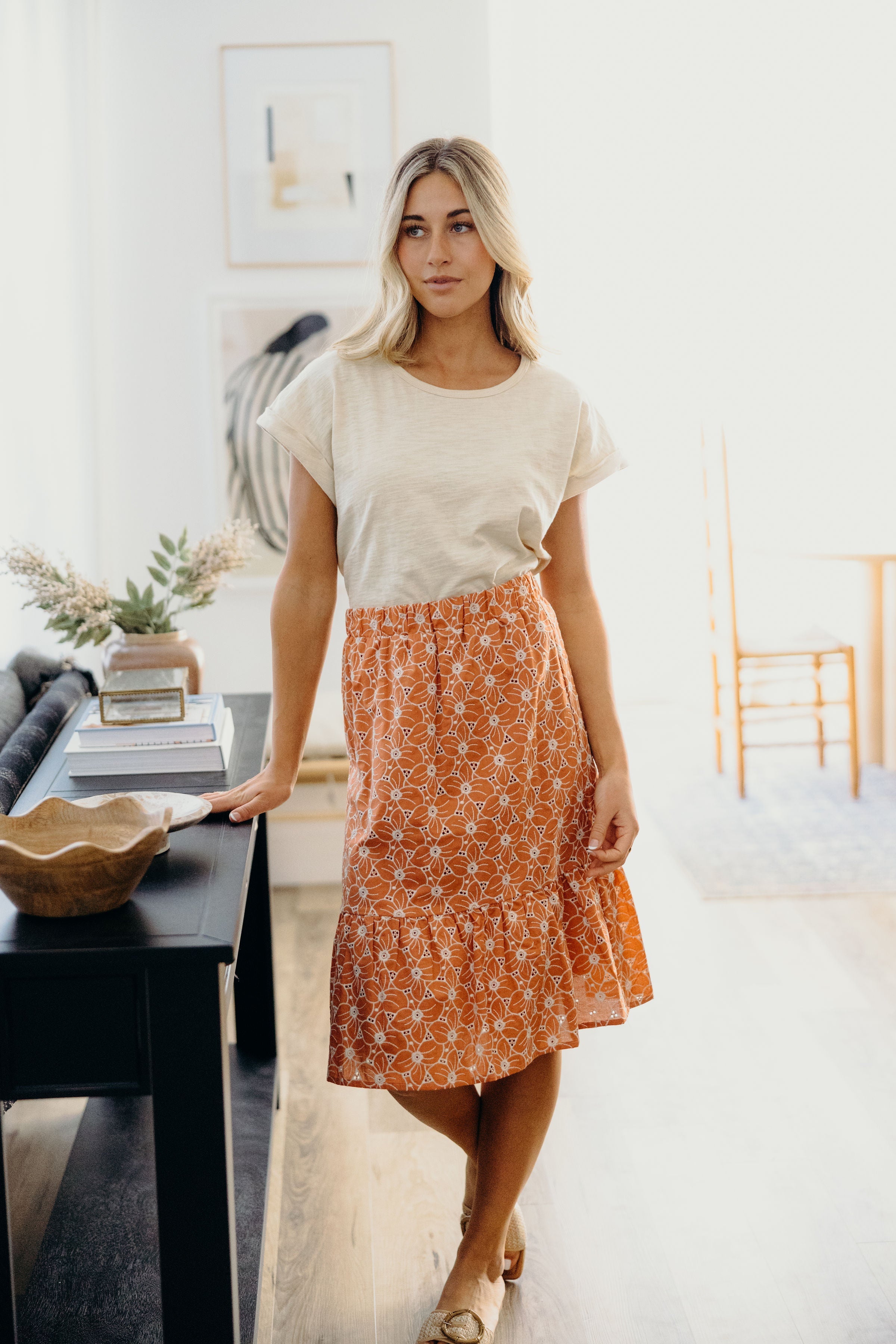 EMBROIDERED ORGANZA SKIRT IN BURNT ORANGE FINAL SALE