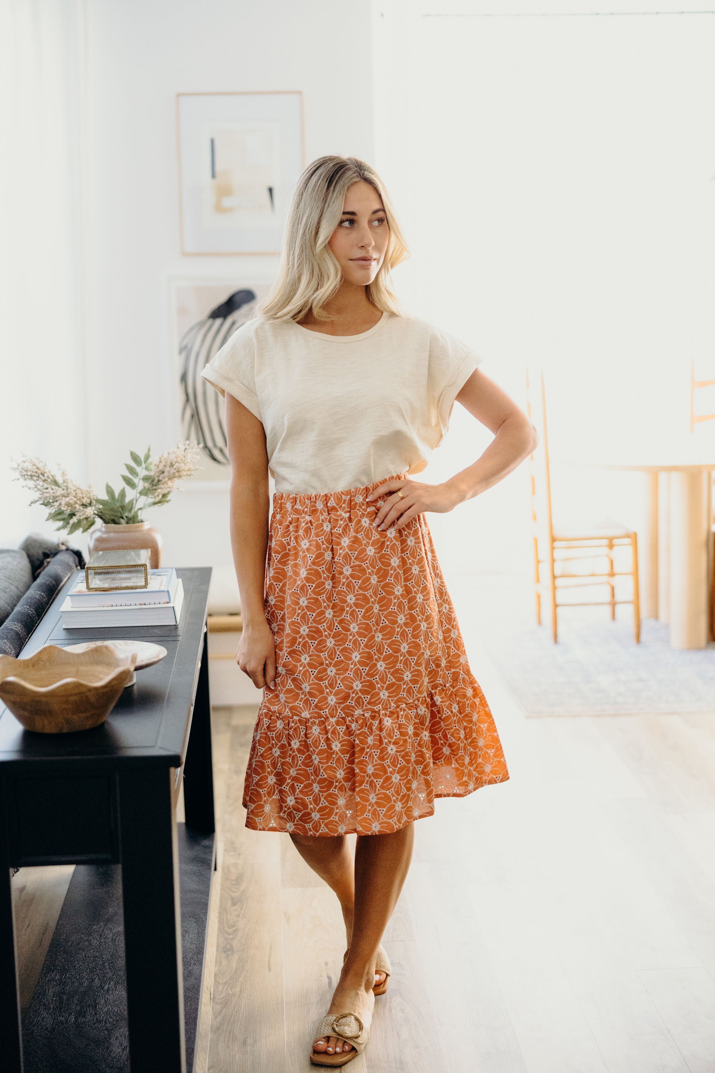 EMBROIDERED ORGANZA SKIRT IN BURNT ORANGE FINAL SALE