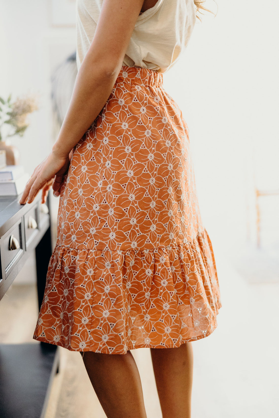 EMBROIDERED ORGANZA SKIRT IN BURNT ORANGE FINAL SALE