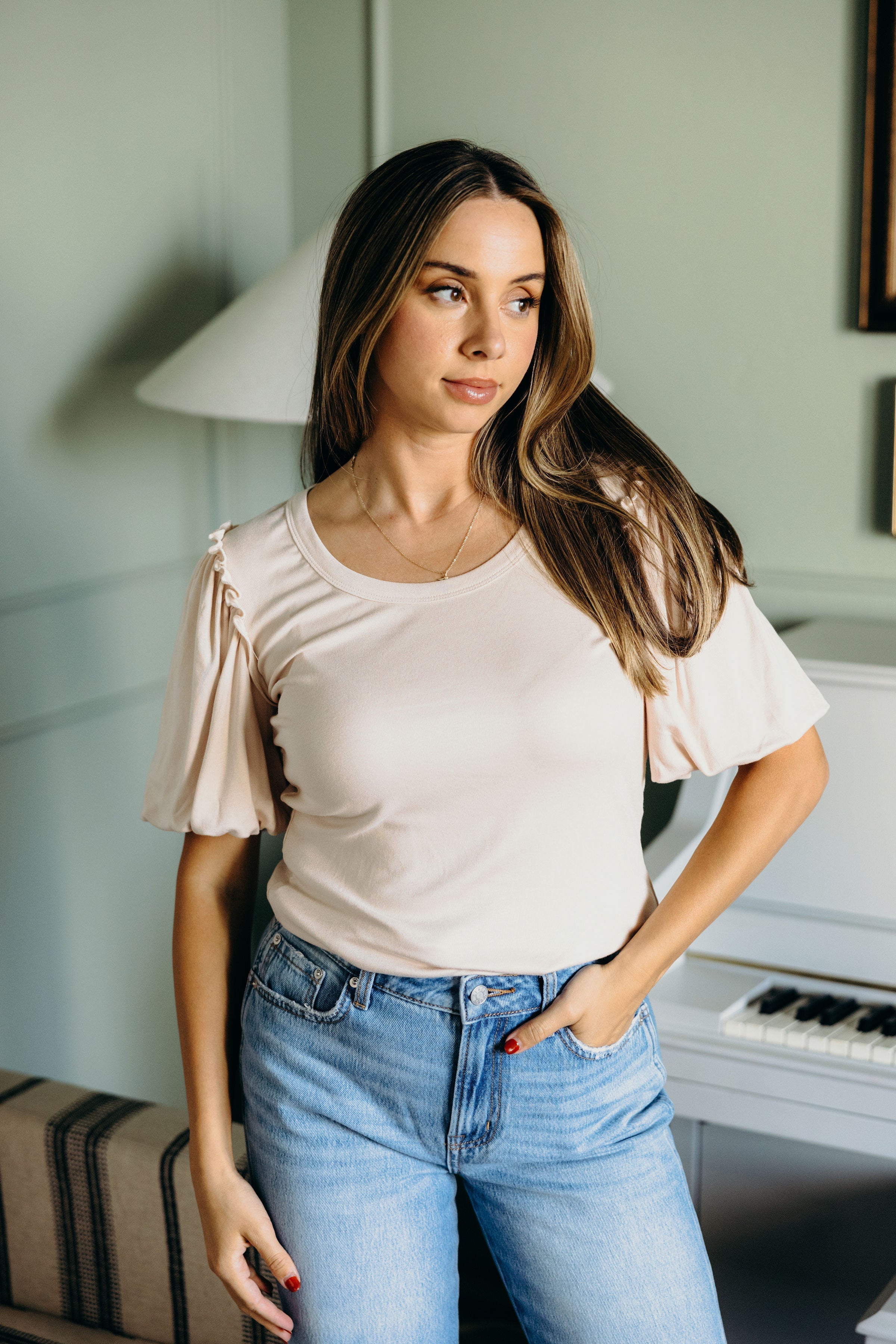 BUBBLE SLEEVE BLOUSE IN PEARL FINAL SALE