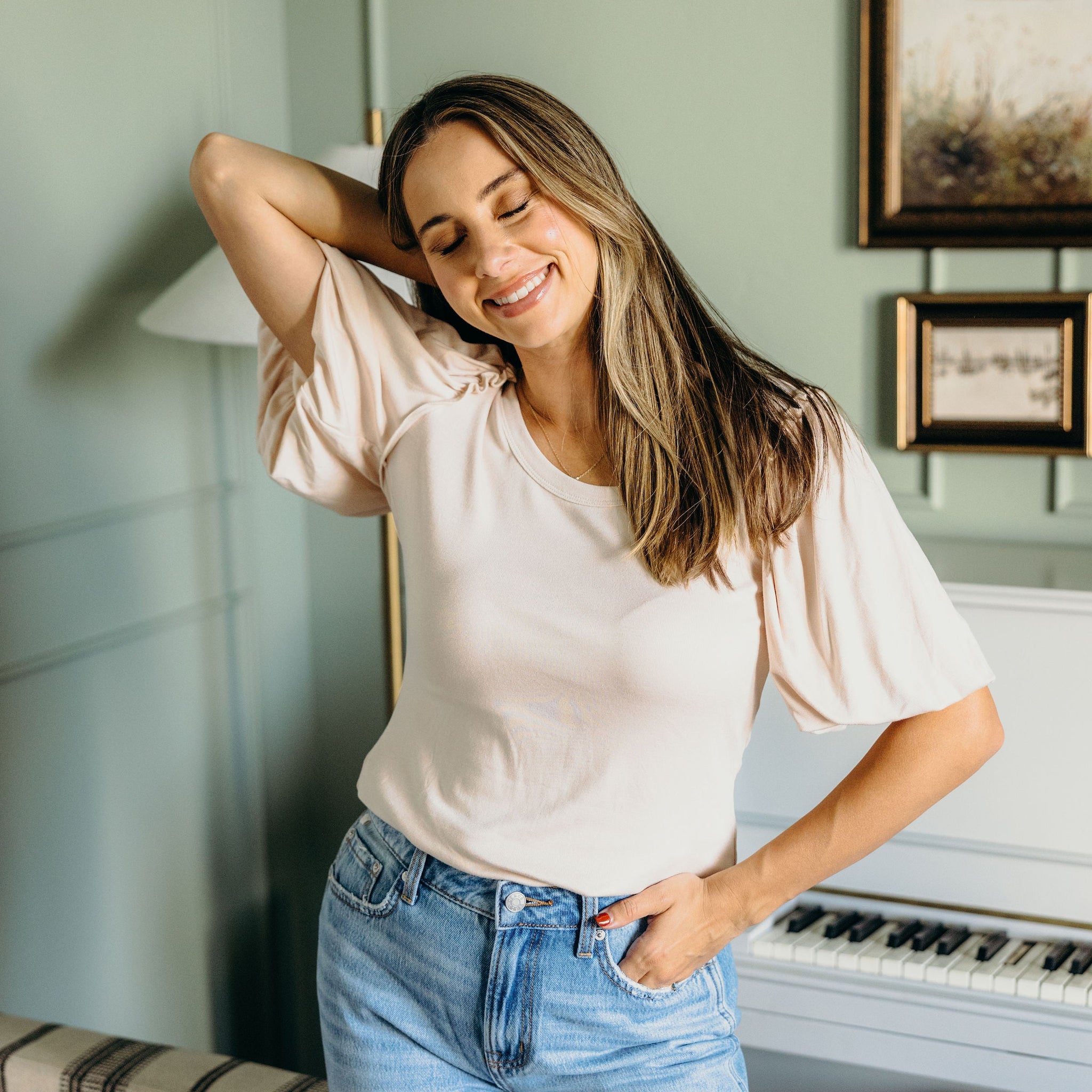 BUBBLE SLEEVE BLOUSE IN PEARL FINAL SALE