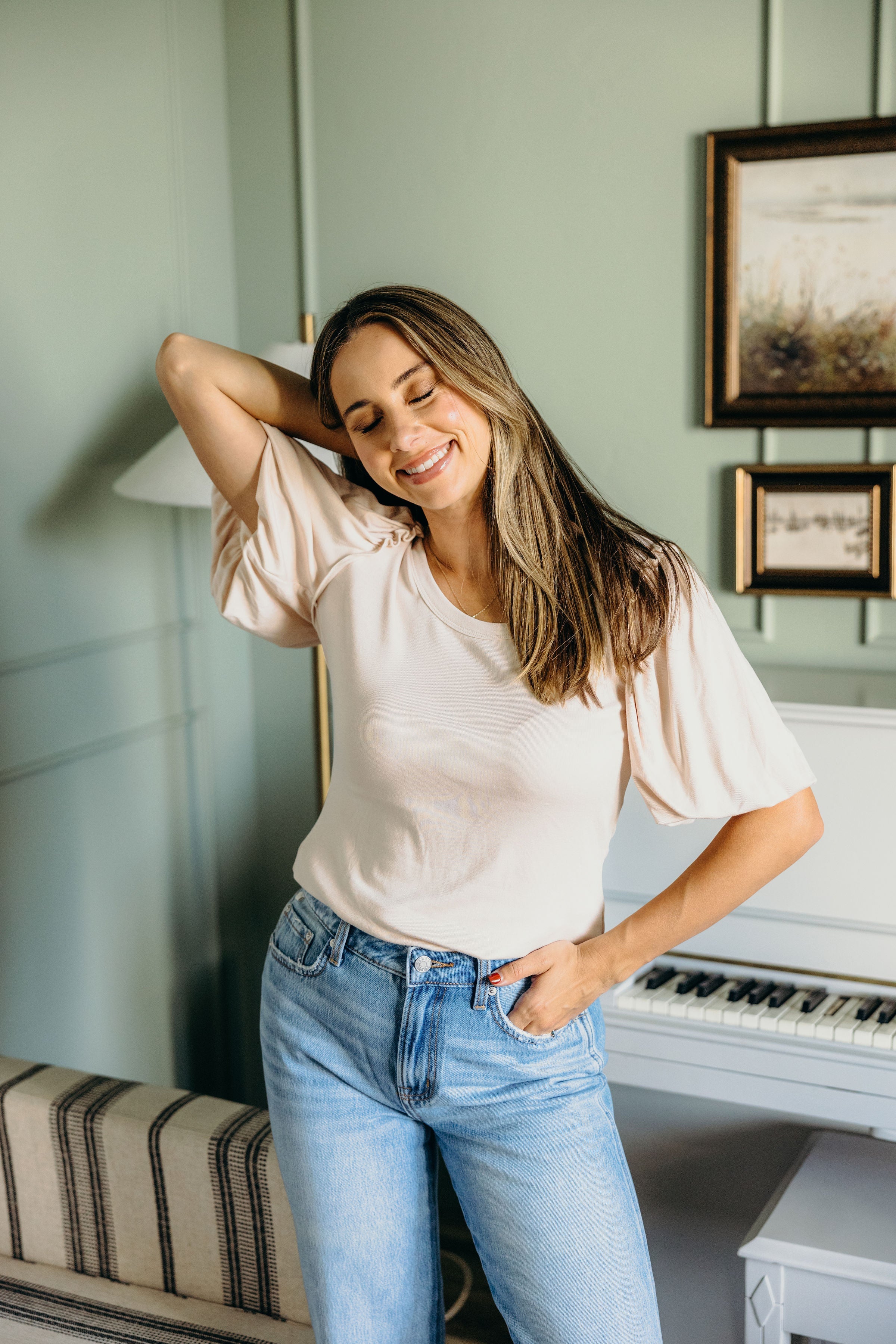 BUBBLE SLEEVE BLOUSE IN PEARL FINAL SALE