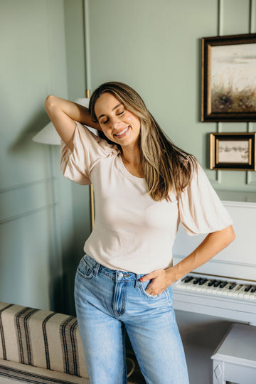 BUBBLE SLEEVE BLOUSE IN PEARL FINAL SALE