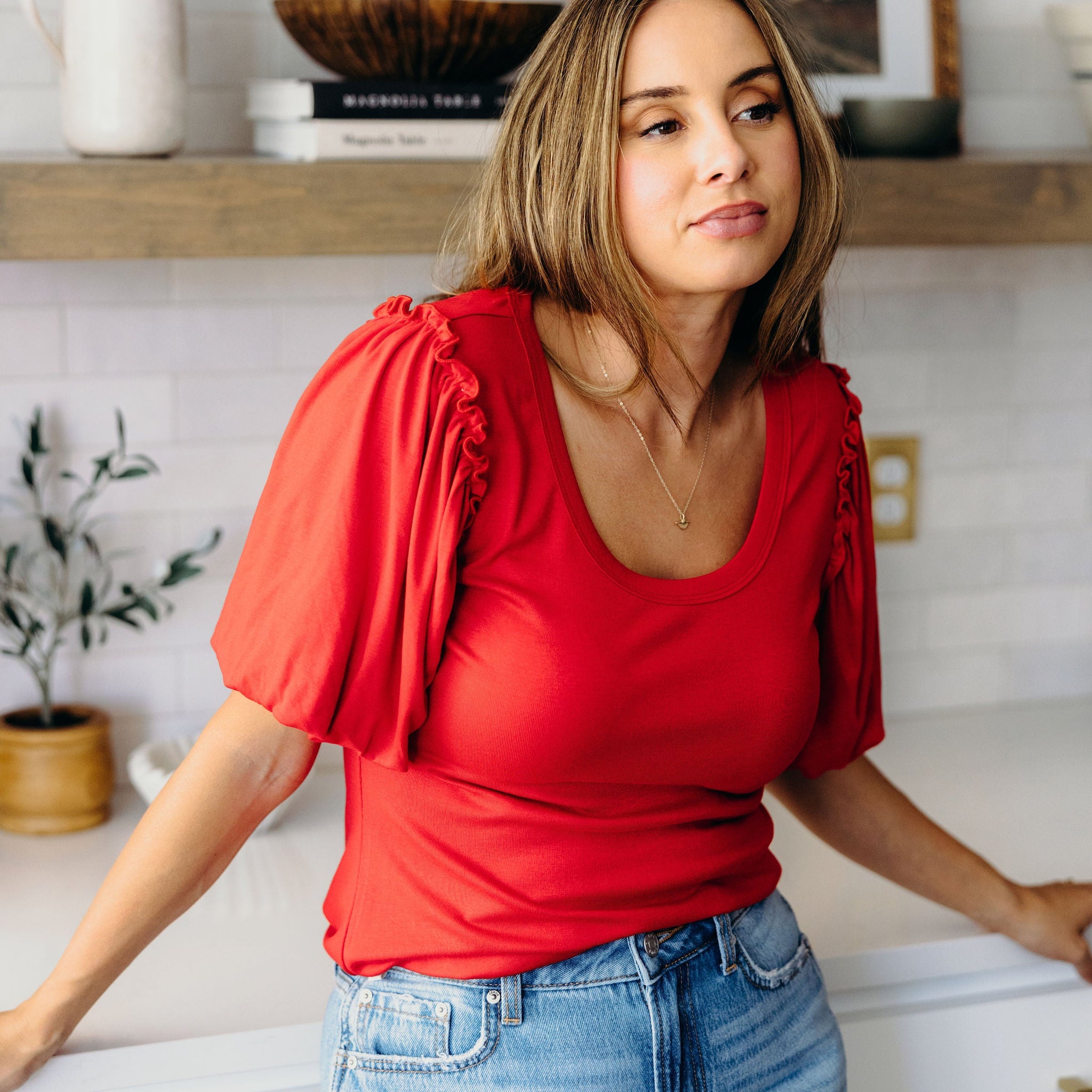 BUBBLE SLEEVE BLOUSE IN CARDINAL FINAL SALE