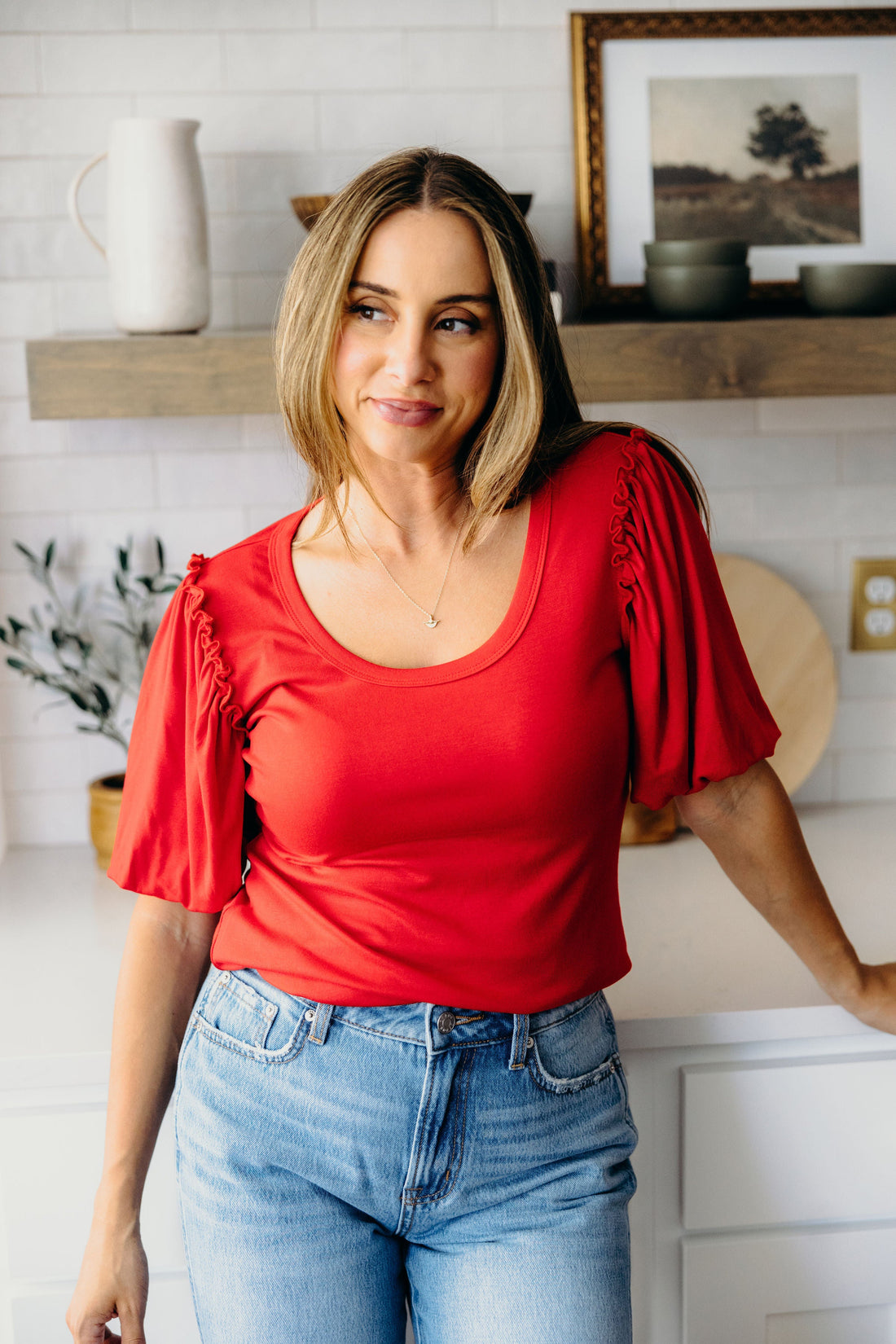 BUBBLE SLEEVE BLOUSE IN CARDINAL FINAL SALE