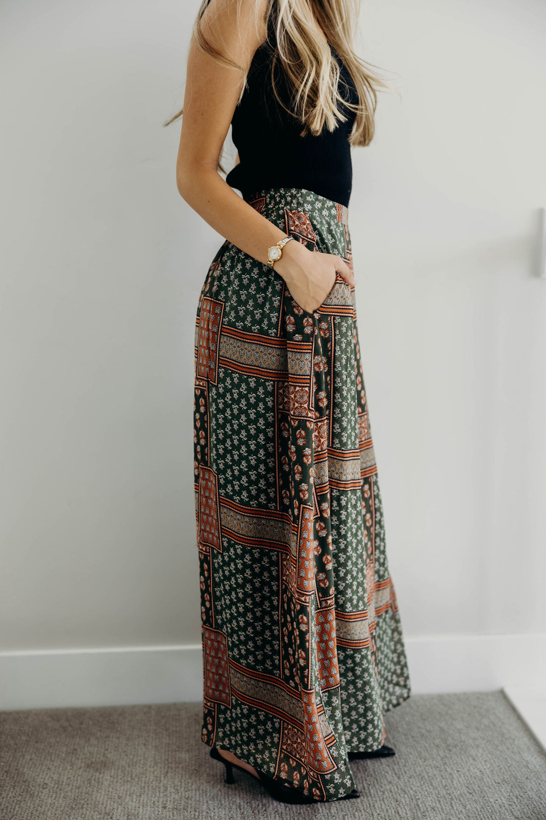 MAXI SLIP SKIRT IN OLIVE TAPESTRY