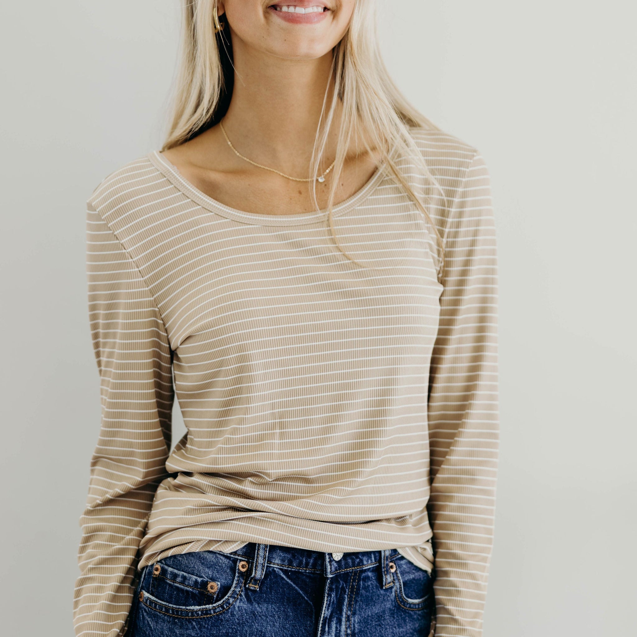LONG SLEEVE RIBBED TEE IN BEIGE STRIPE FINAL SALE