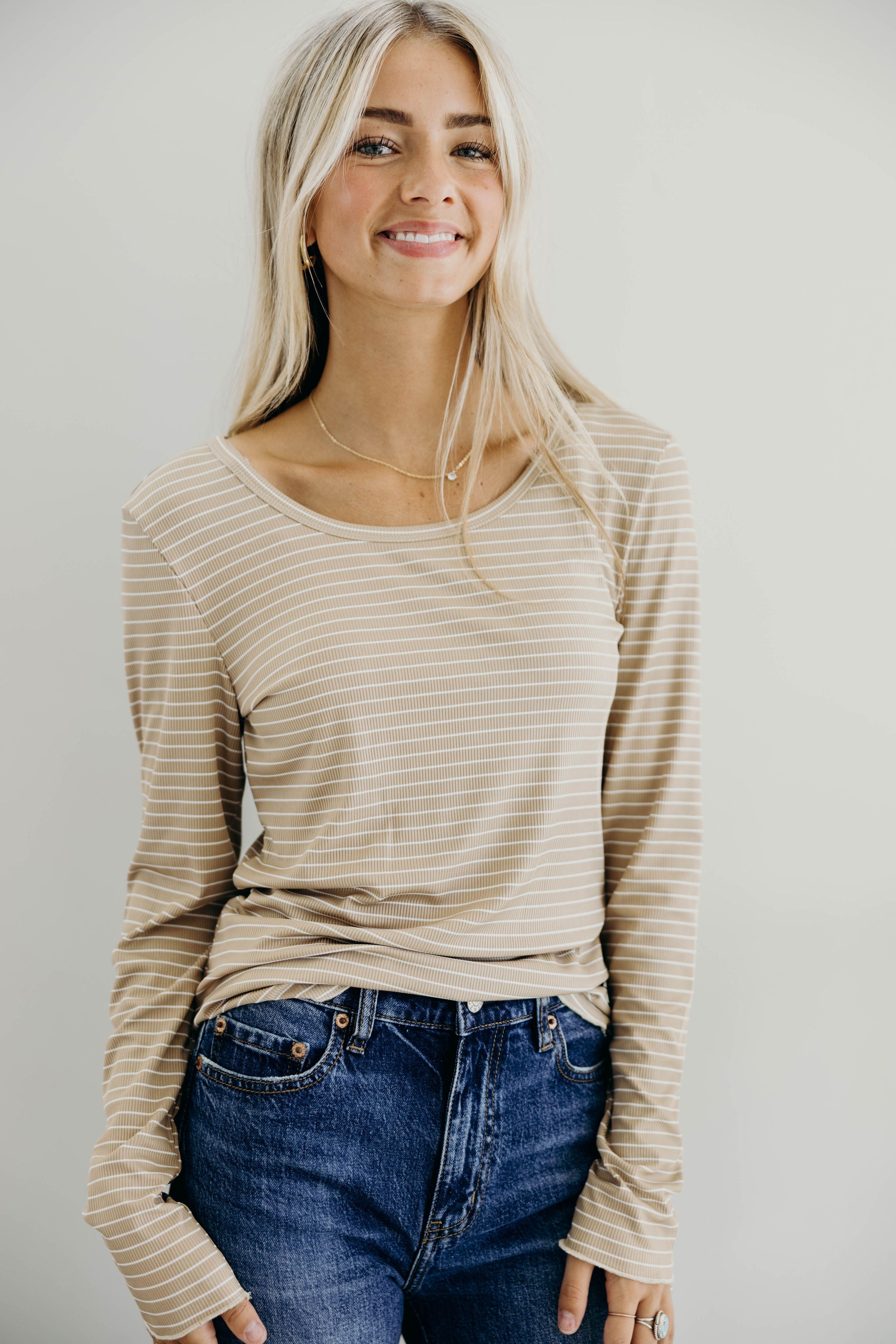 LONG SLEEVE RIBBED TEE IN BEIGE STRIPE FINAL SALE