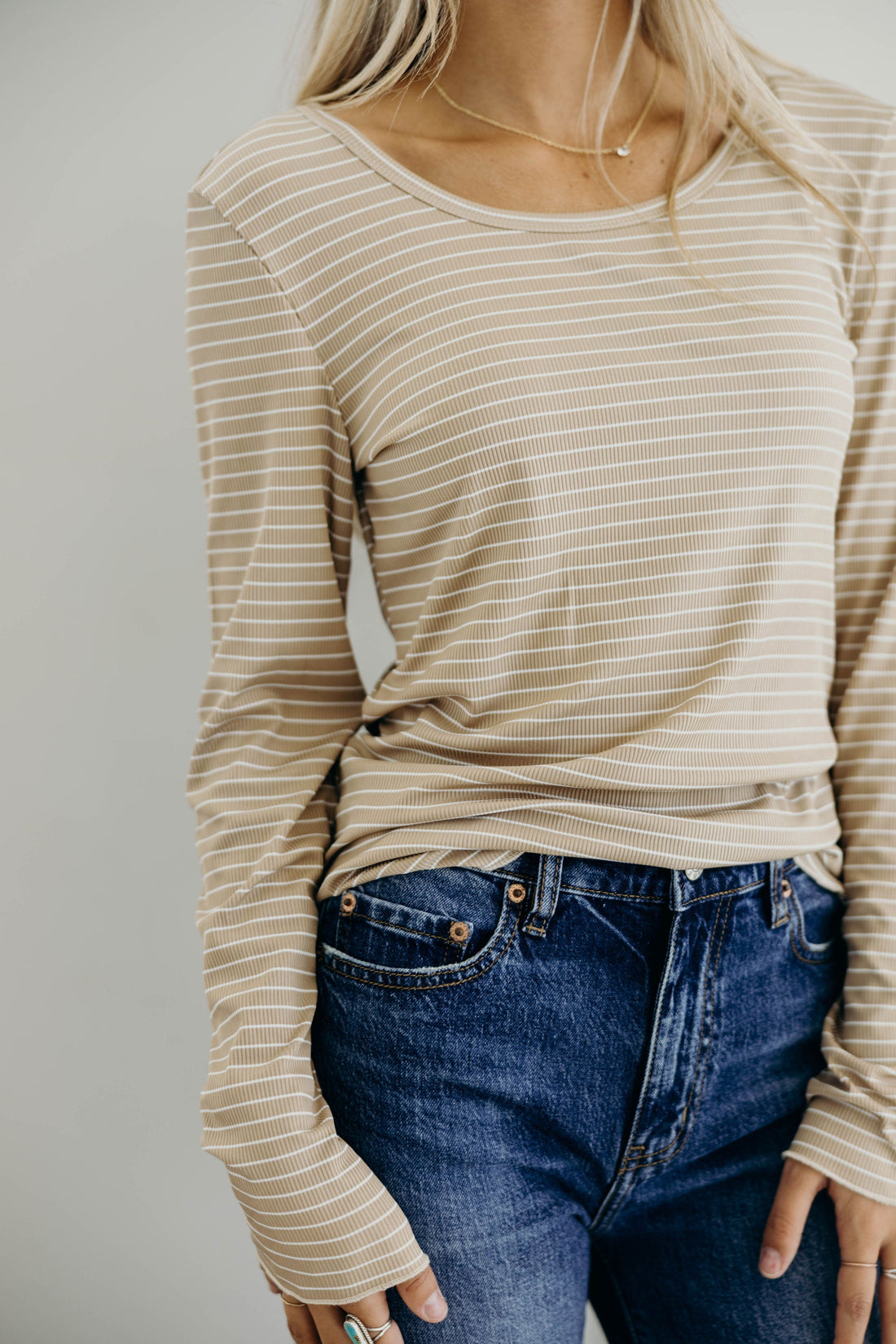LONG SLEEVE RIBBED TEE IN BEIGE STRIPE FINAL SALE