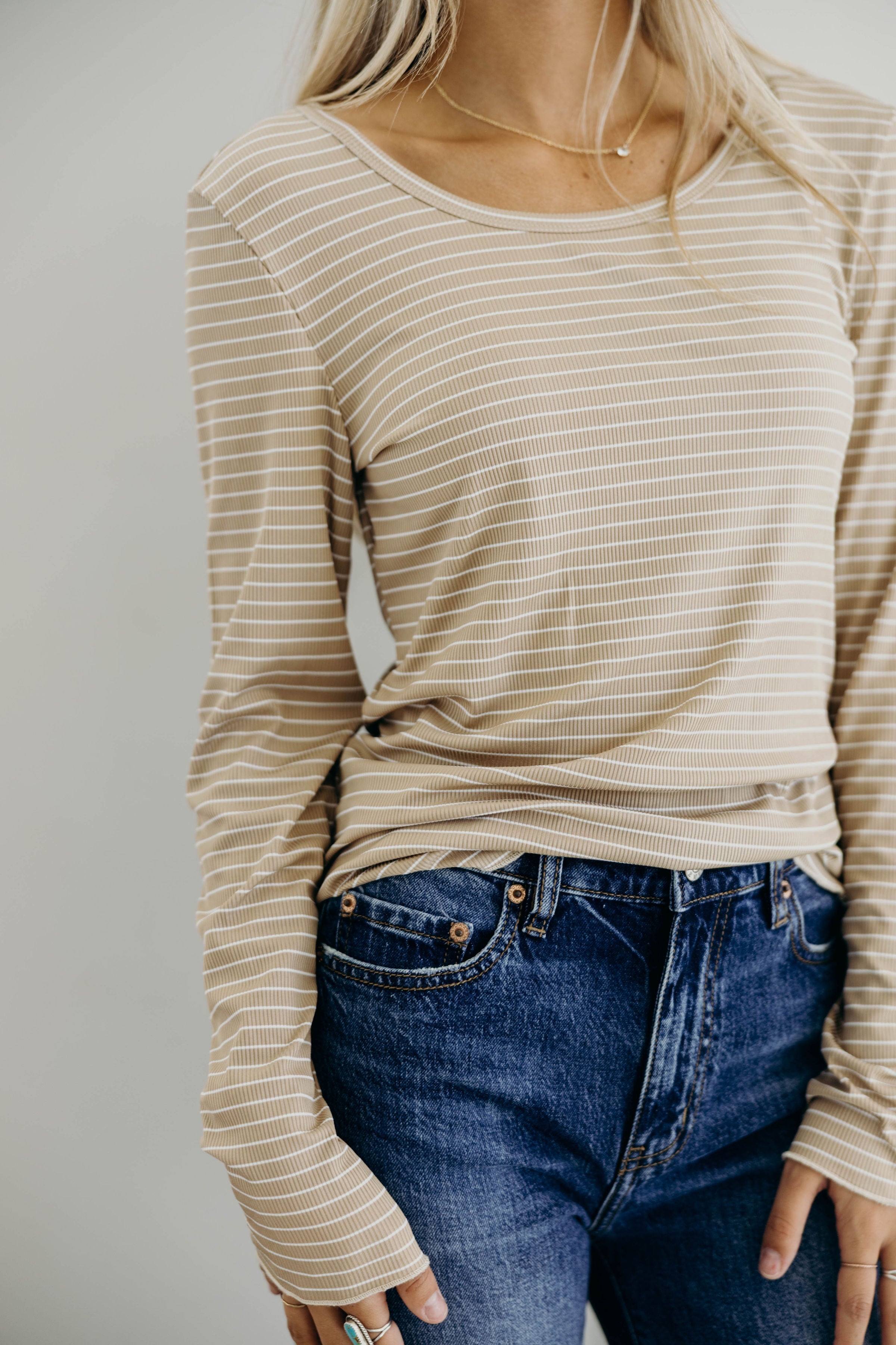 LONG SLEEVE RIBBED TEE IN BEIGE STRIPE FINAL SALE