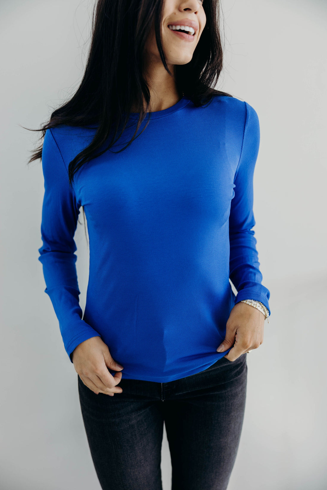 HIGH NECK LONG SLEEVE TEE IN COBALT FINAL SALE