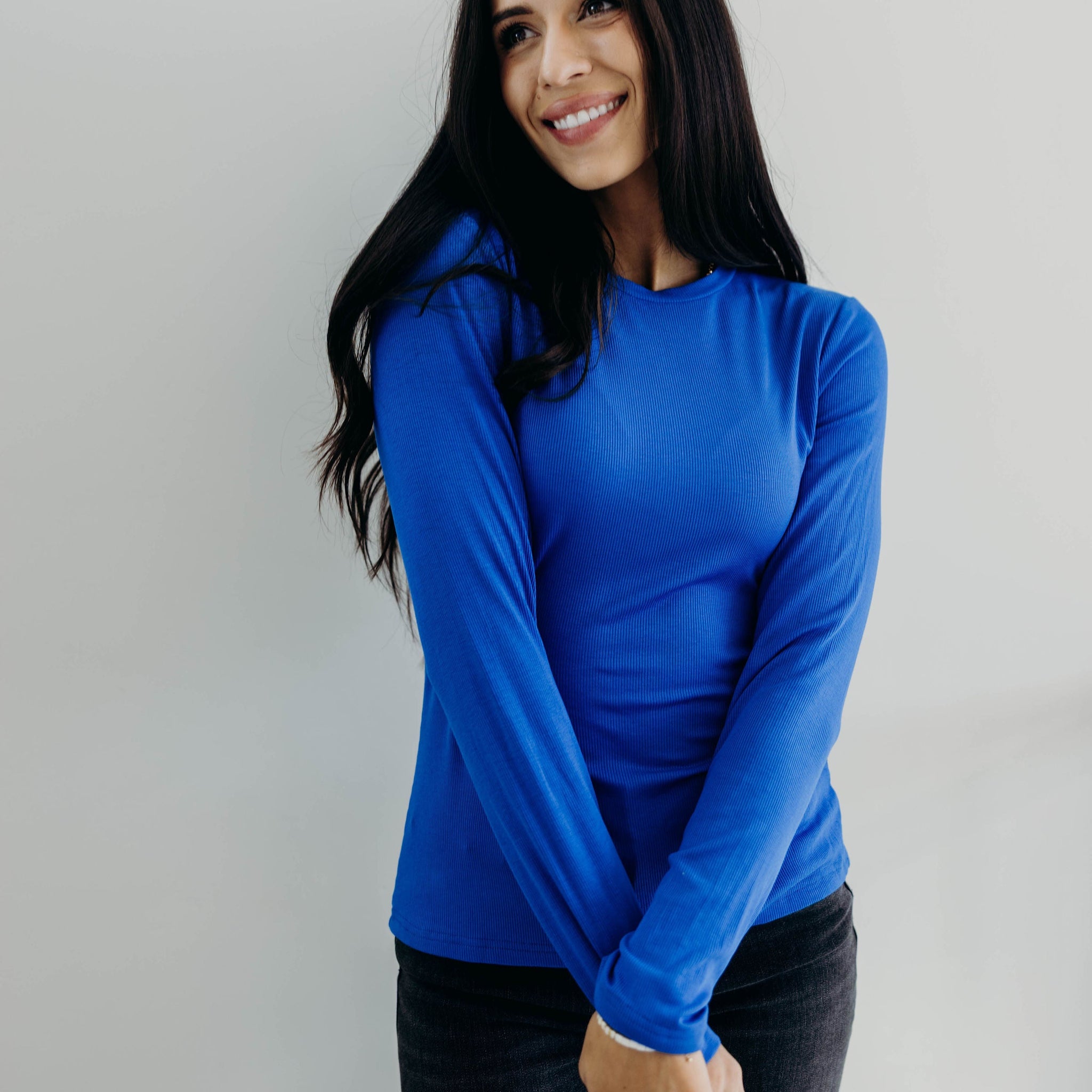 HIGH NECK LONG SLEEVE TEE IN COBALT FINAL SALE