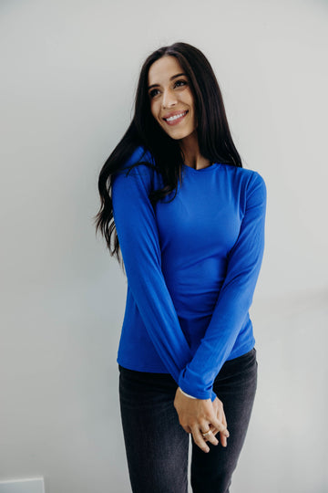 HIGH NECK LONG SLEEVE TEE IN COBALT FINAL SALE