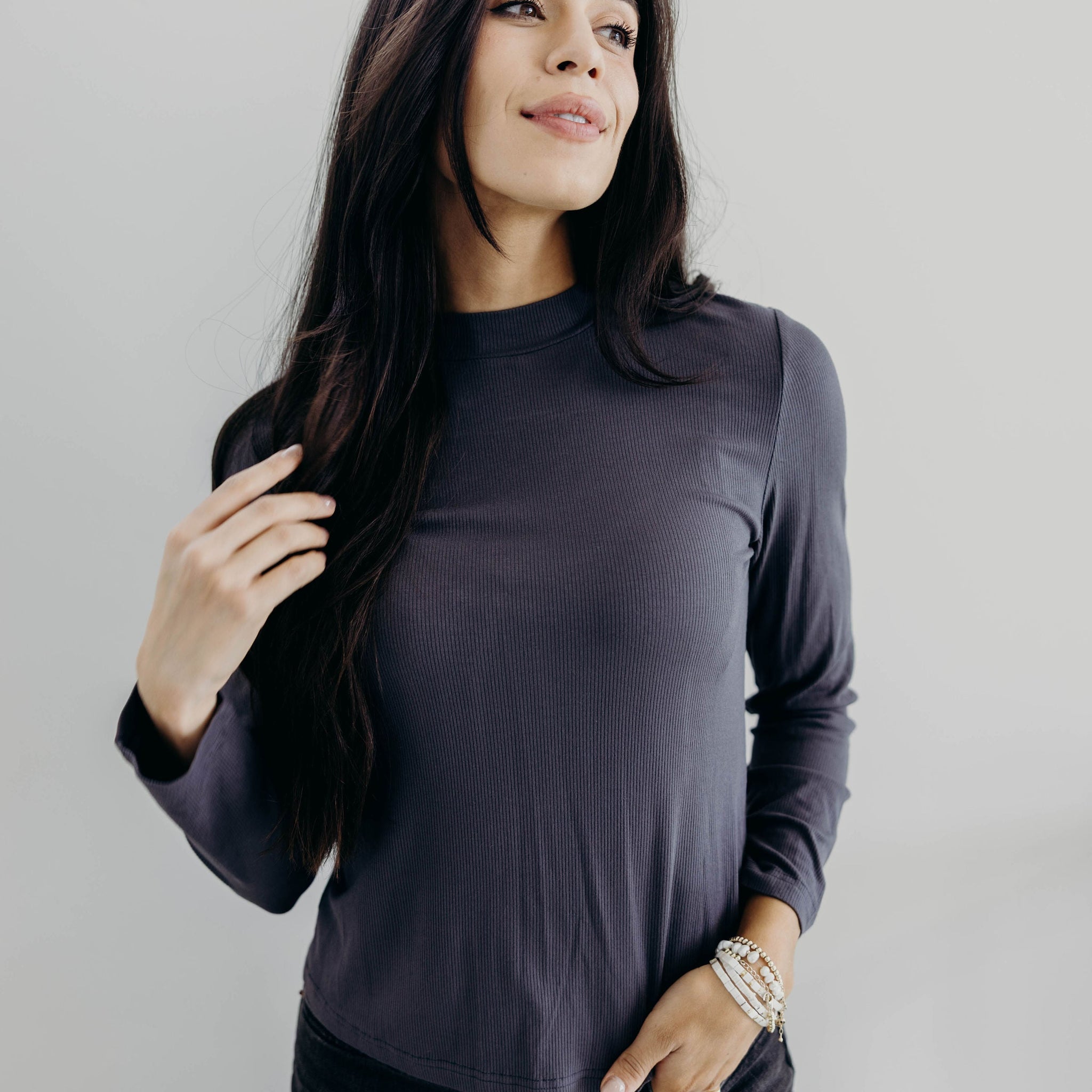 LONG SLEEVE MOCKNECK IN BLACK ONYX