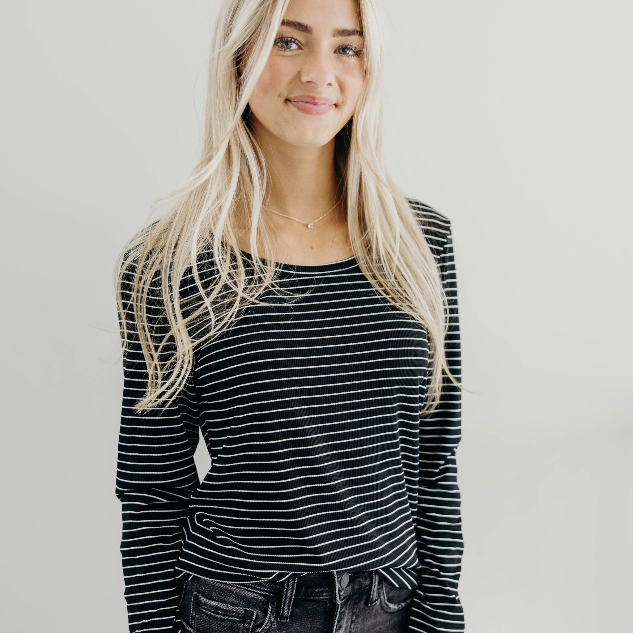 LONG SLEEVE RIBBED TEE IN BLACK STRIPE FINAL SALE
