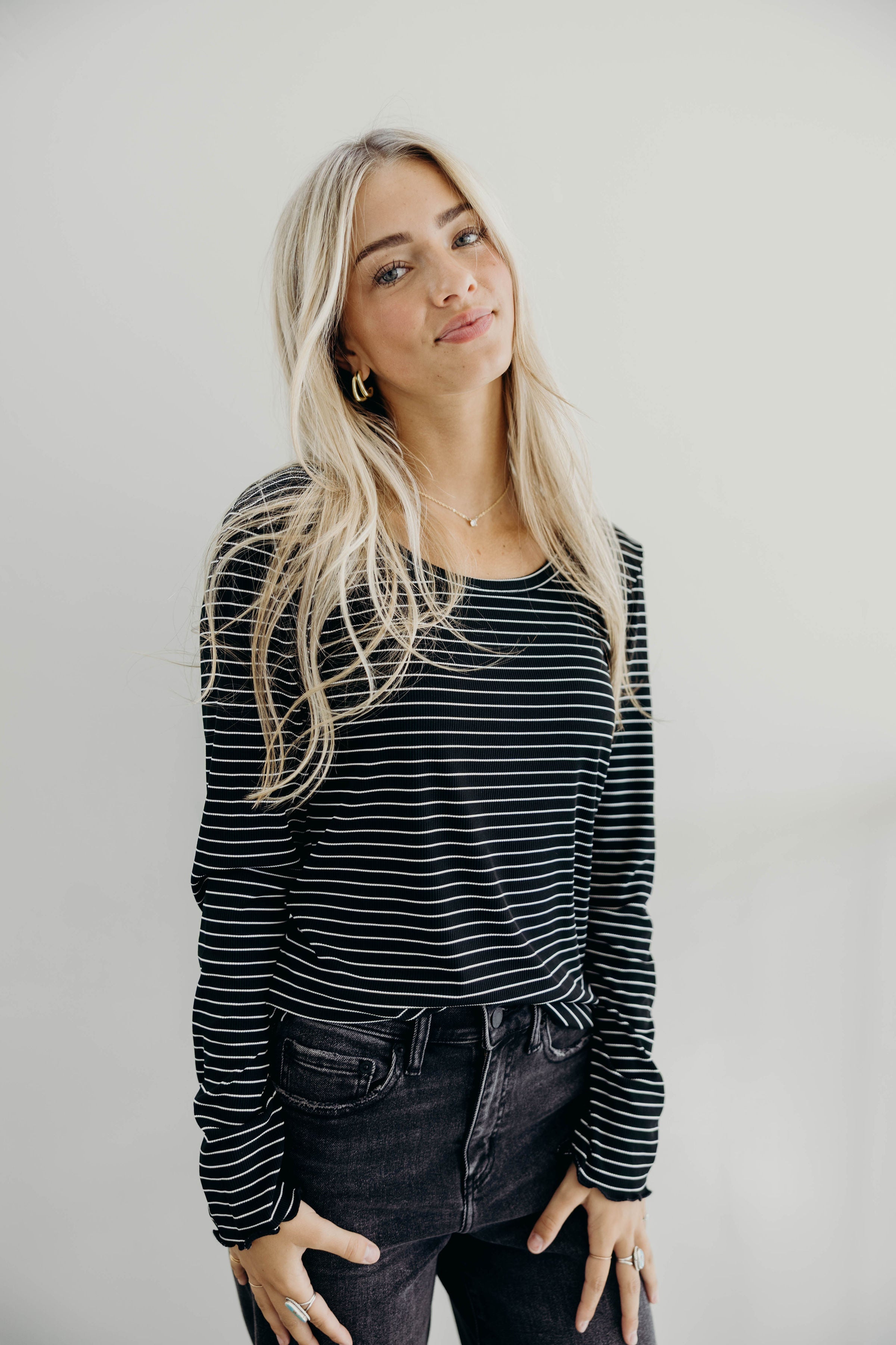 LONG SLEEVE RIBBED TEE IN BLACK STRIPE FINAL SALE
