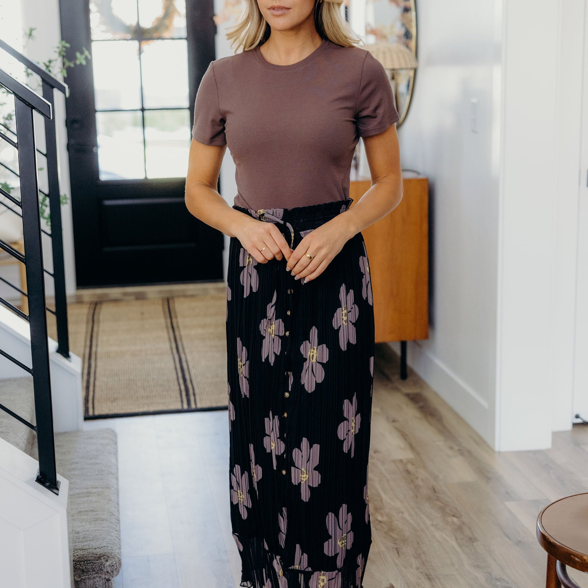 BUTTON FRONT MAXI IN BROWN FLORAL