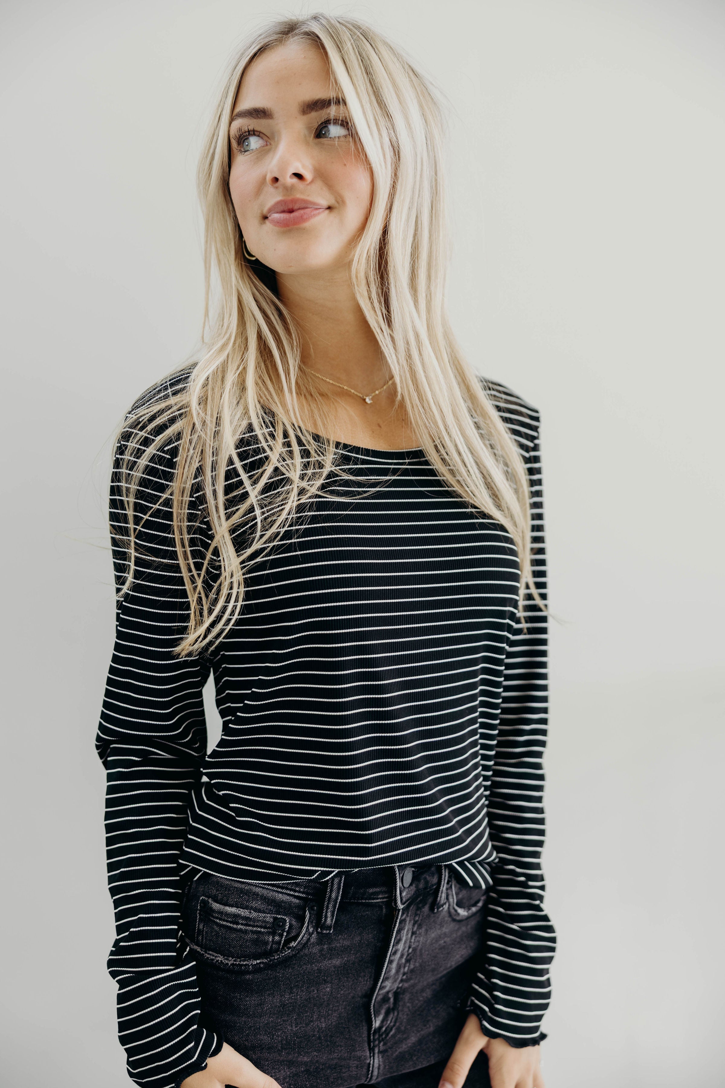 LONG SLEEVE RIBBED TEE IN BLACK STRIPE FINAL SALE