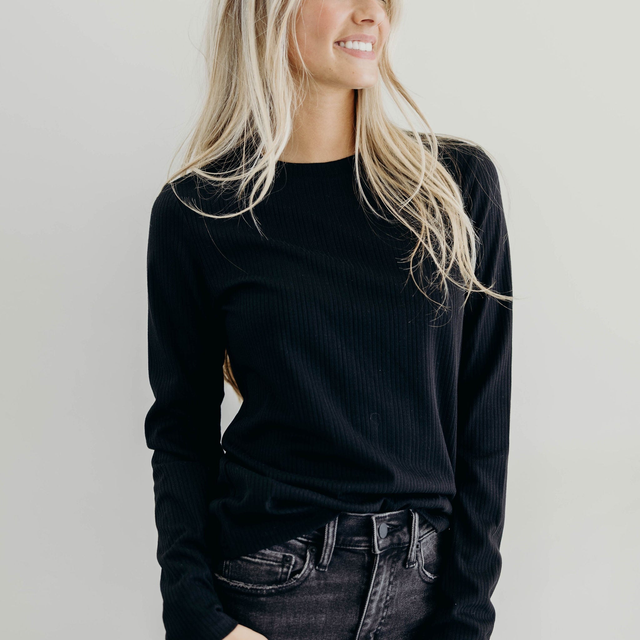 POINTELLE LONG SLEEVE TEE IN BLACK