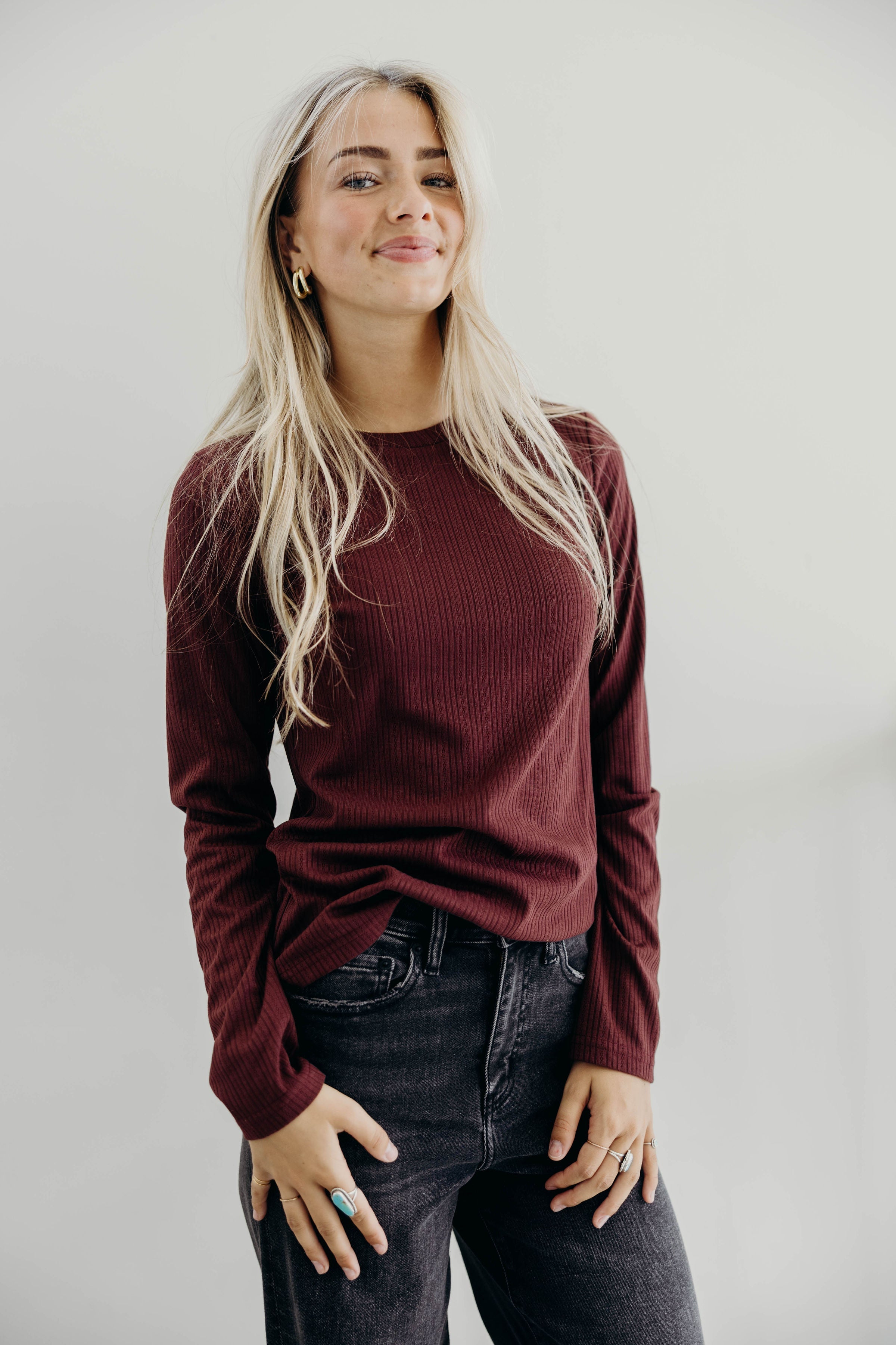 POINTELLE LONG SLEEVE TEE IN WINE