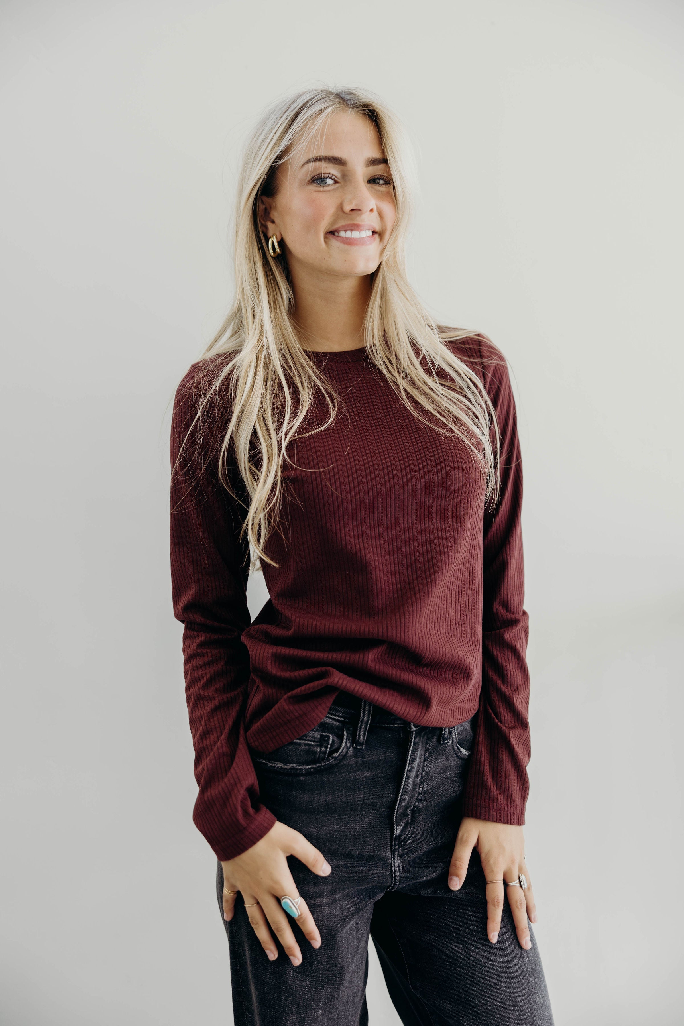 POINTELLE LONG SLEEVE TEE IN WINE