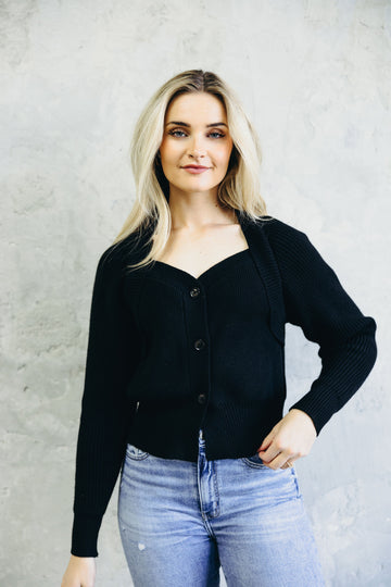 SWEETHEART BUTTON CARDIGAN IN BLACK FINAL SALE
