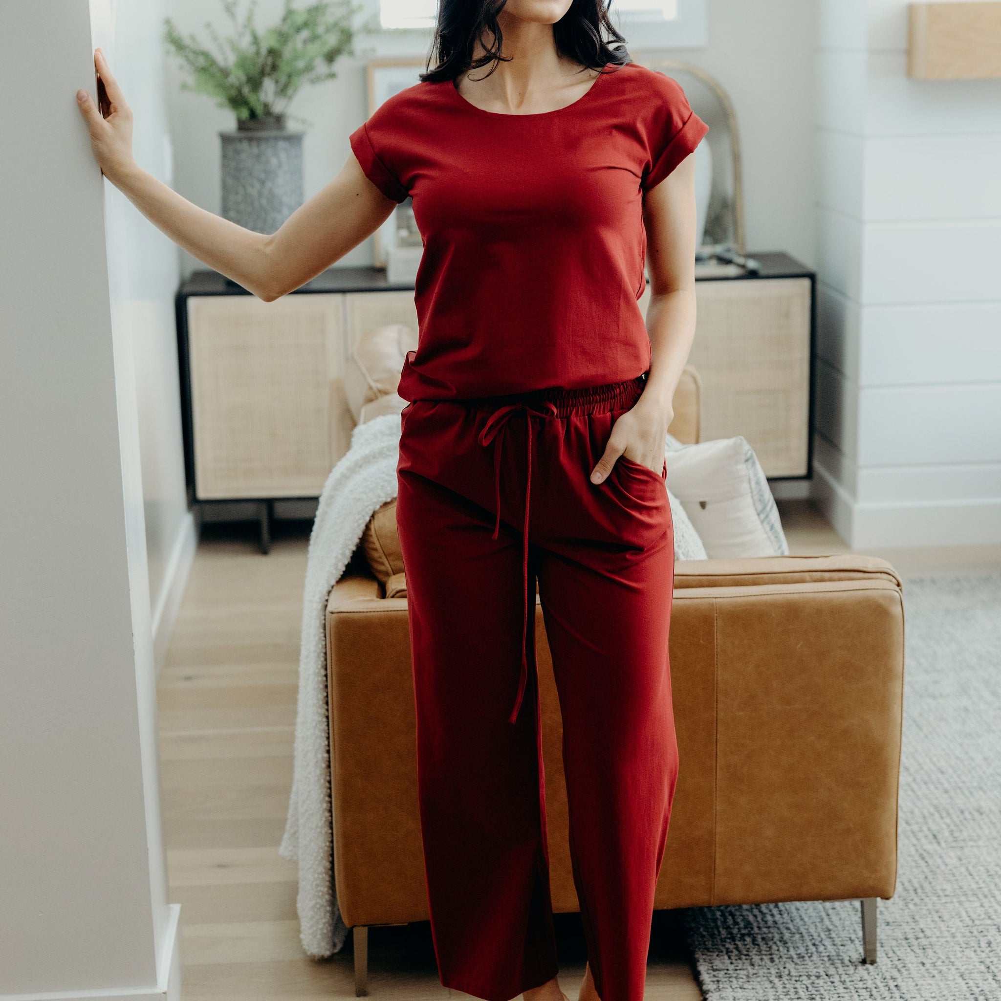 LOUNGE CUFF SLEEVE TEE IN RUBY RED FINAL SALE