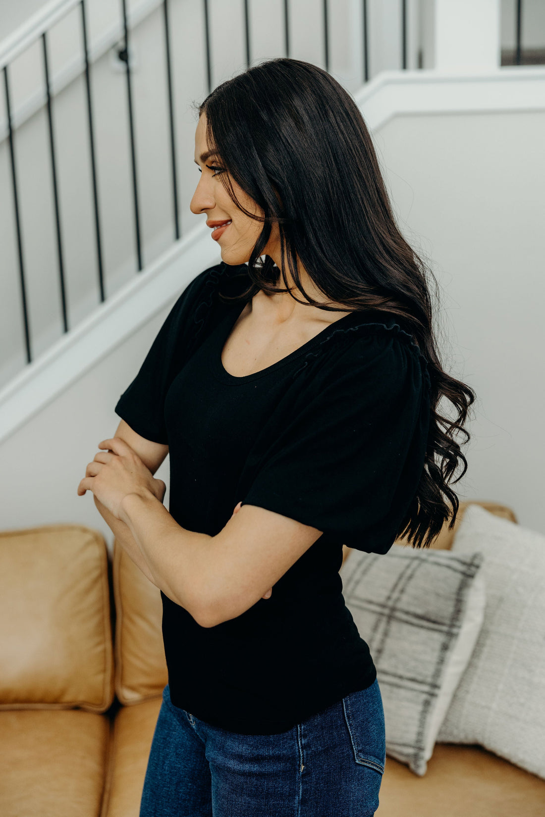 BUBBLE SLEEVE BLOUSE IN BLACK FINAL SALE