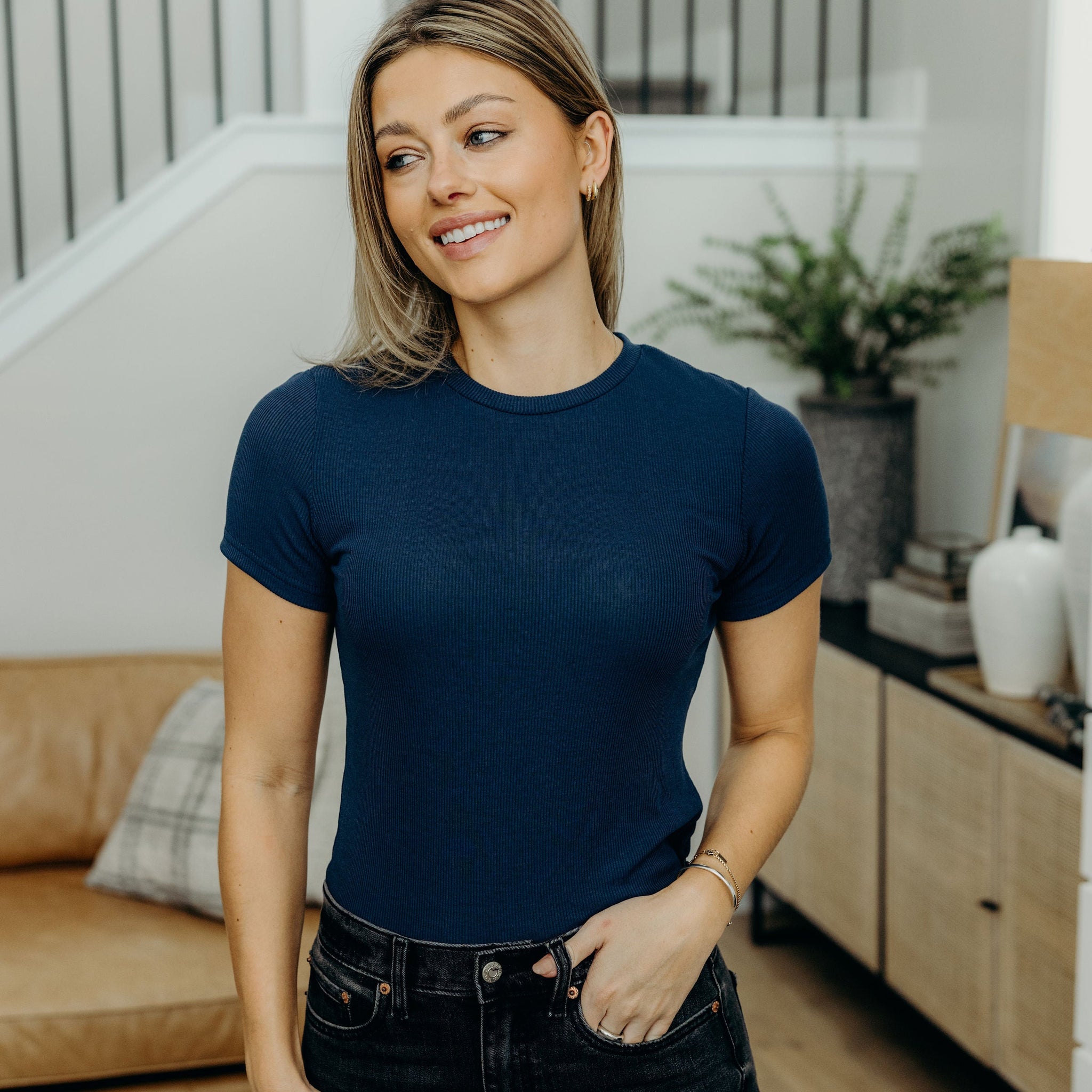 SHORT SLEEVE RIBBED TEE IN SAILOR BLUE FINALSALE