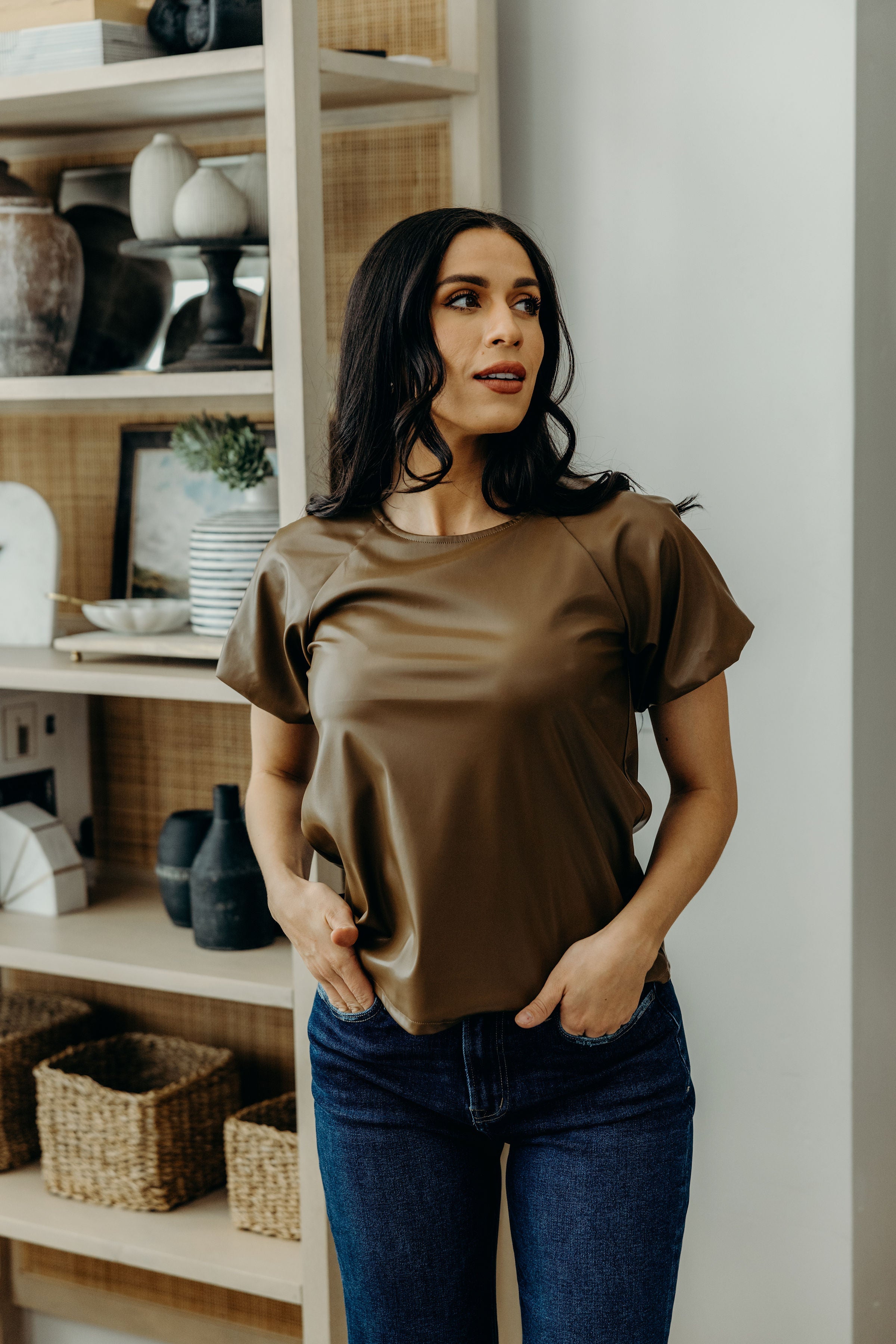 FAUX LEATHER TOP IN CARAMEL FINAL SALE