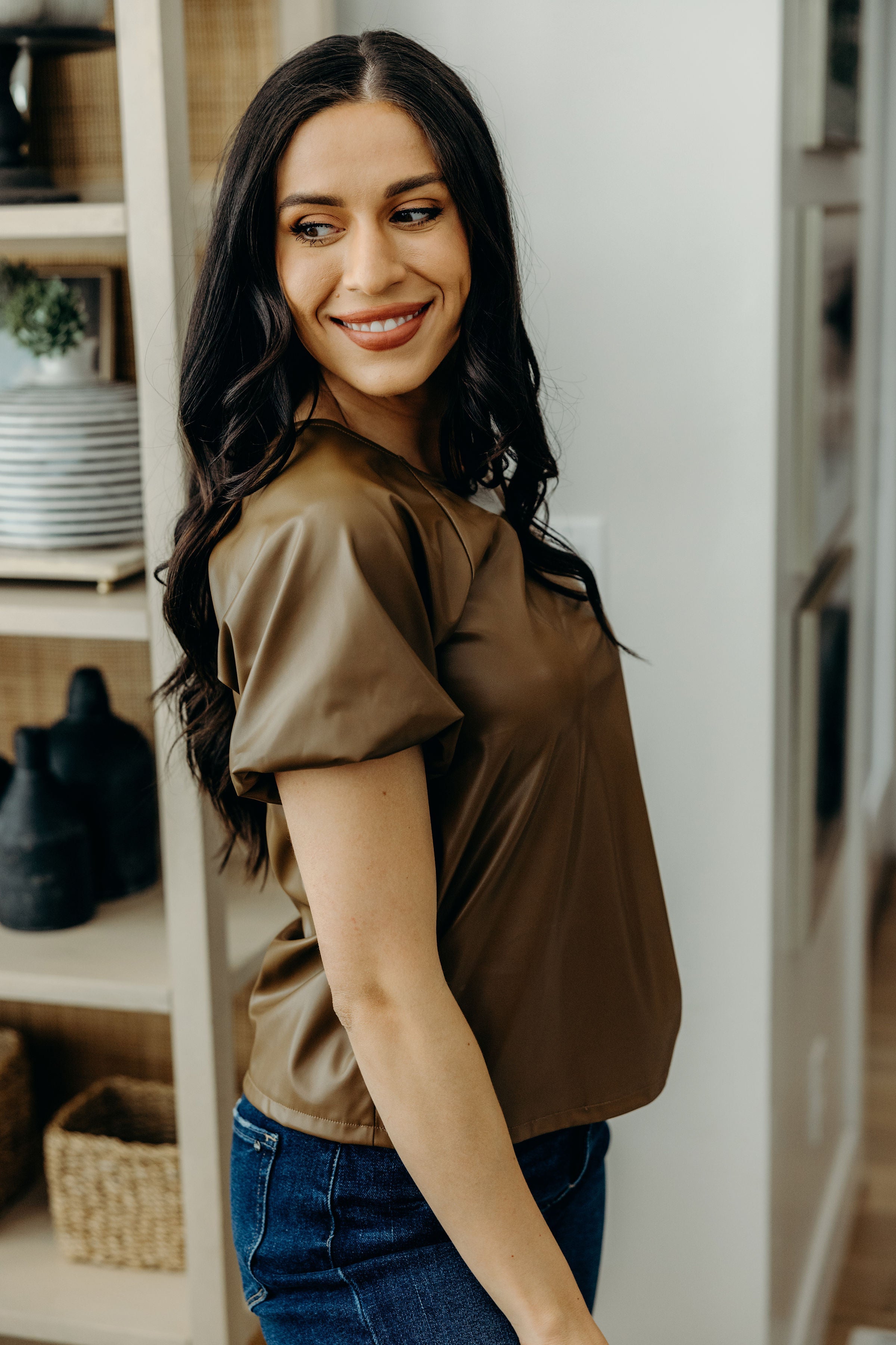 FAUX LEATHER TOP IN CARAMEL FINAL SALE