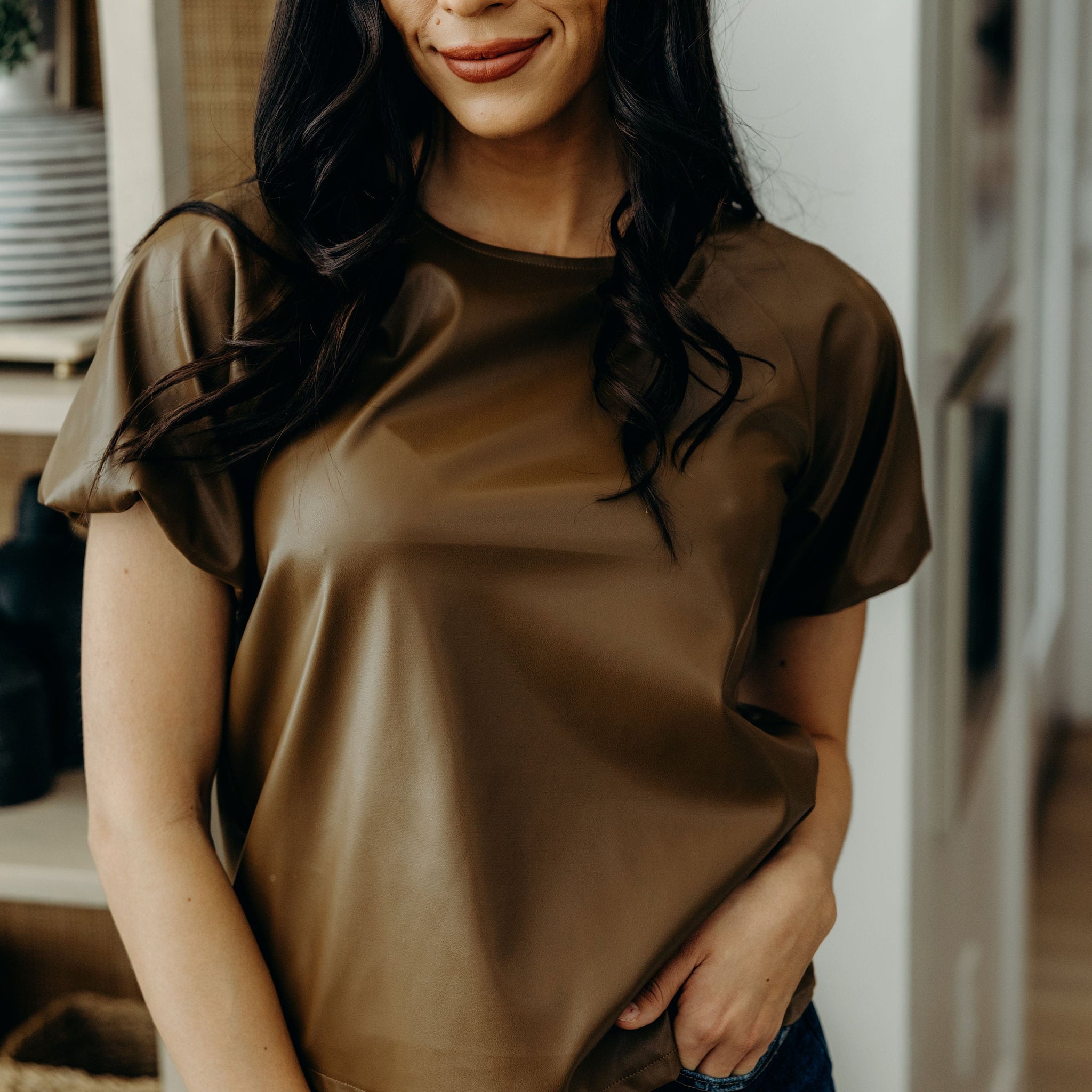 FAUX LEATHER TOP IN CARAMEL FINAL SALE