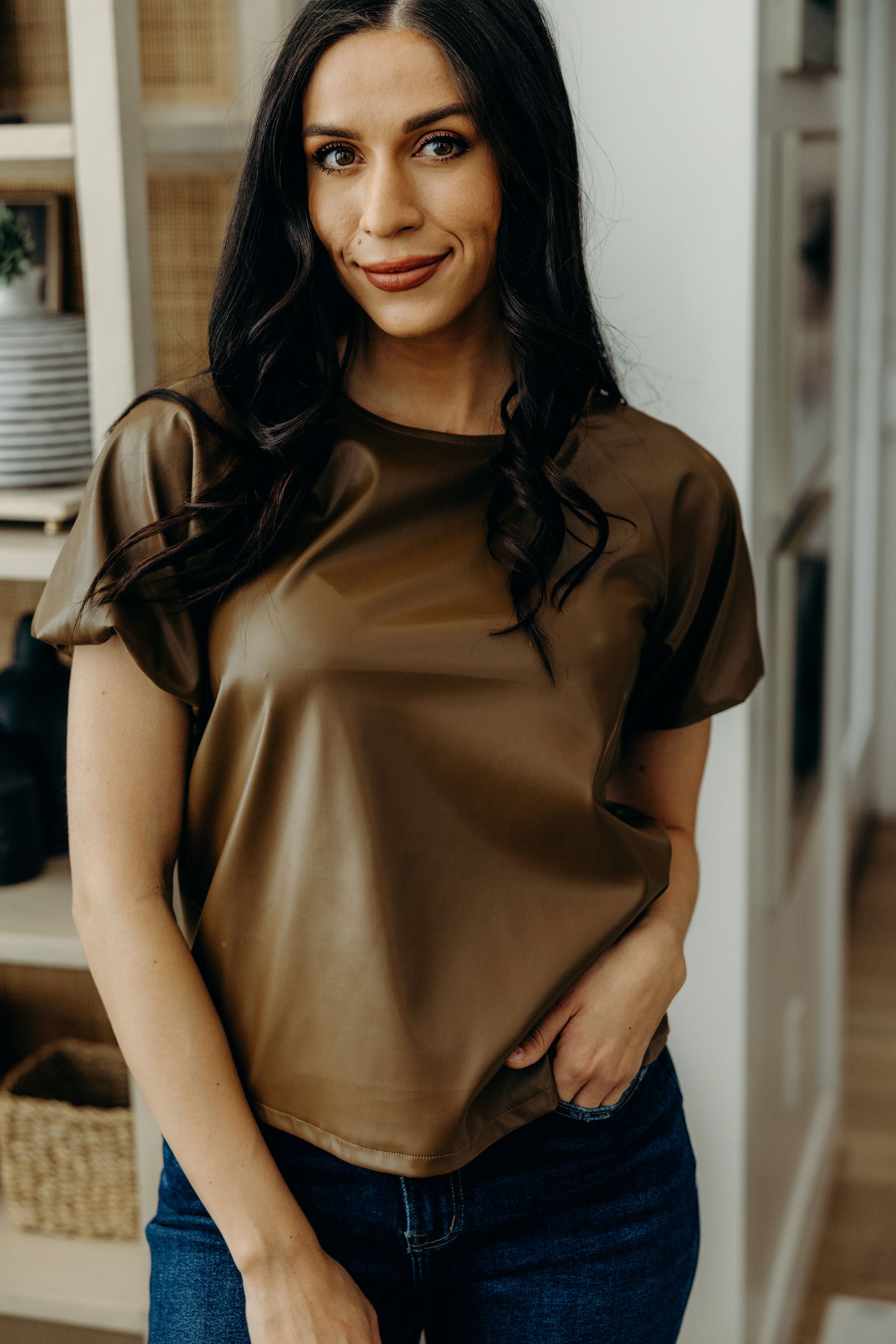 FAUX LEATHER TOP IN CARAMEL FINAL SALE