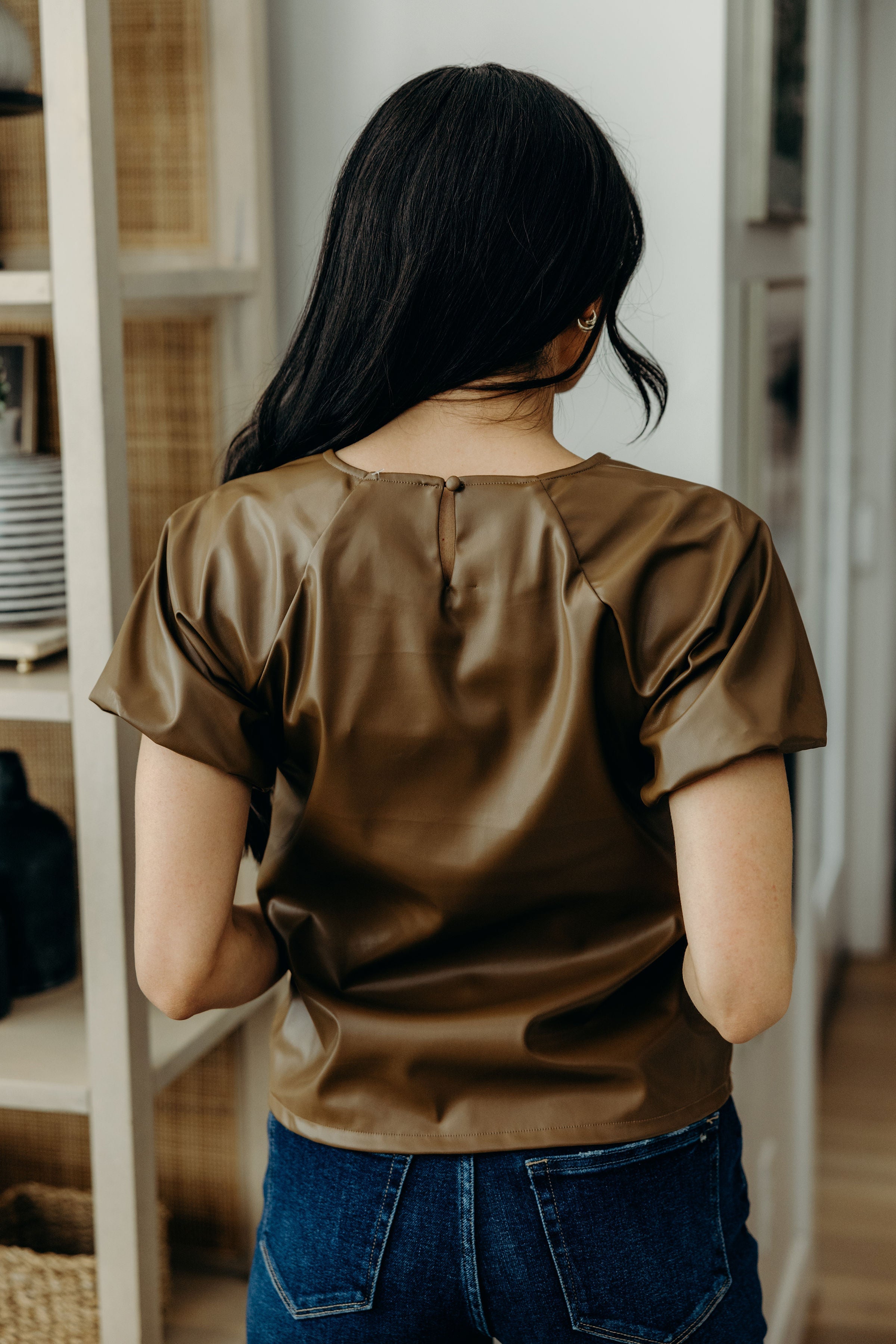 FAUX LEATHER TOP IN CARAMEL FINAL SALE