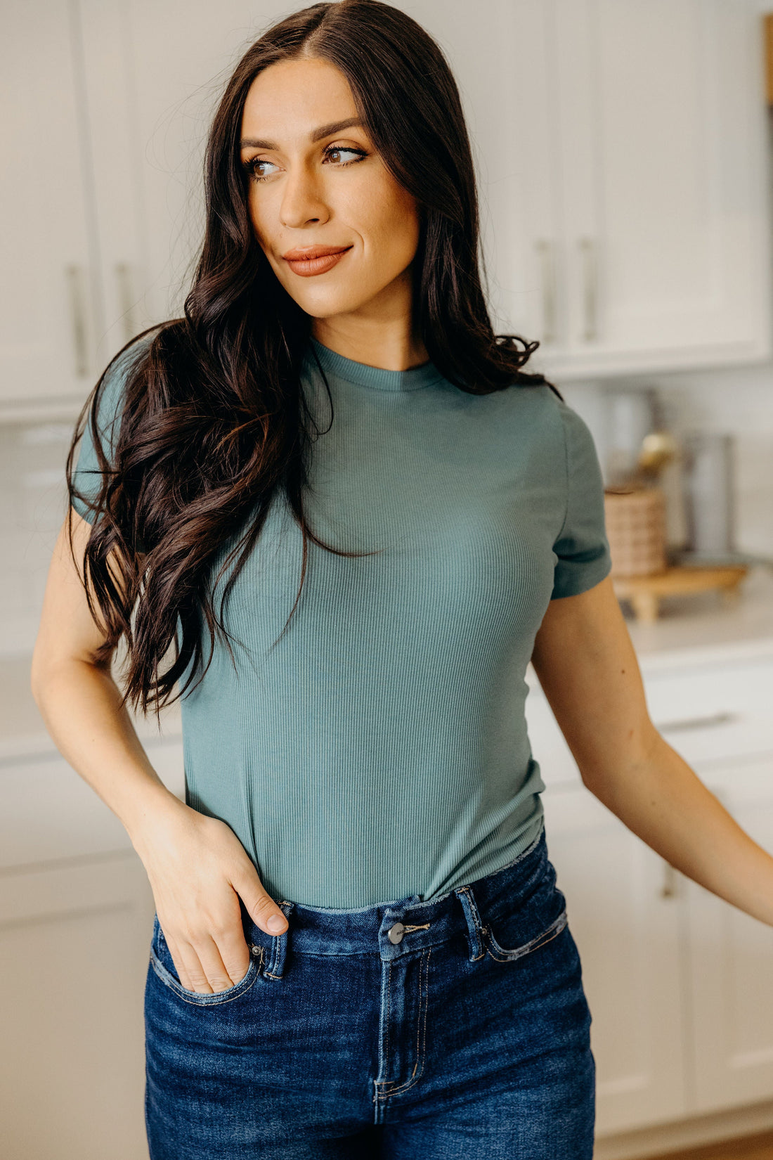 SHORT SLEEVE RIBBED TEE IN GLACIER LAKE FINAL SALE