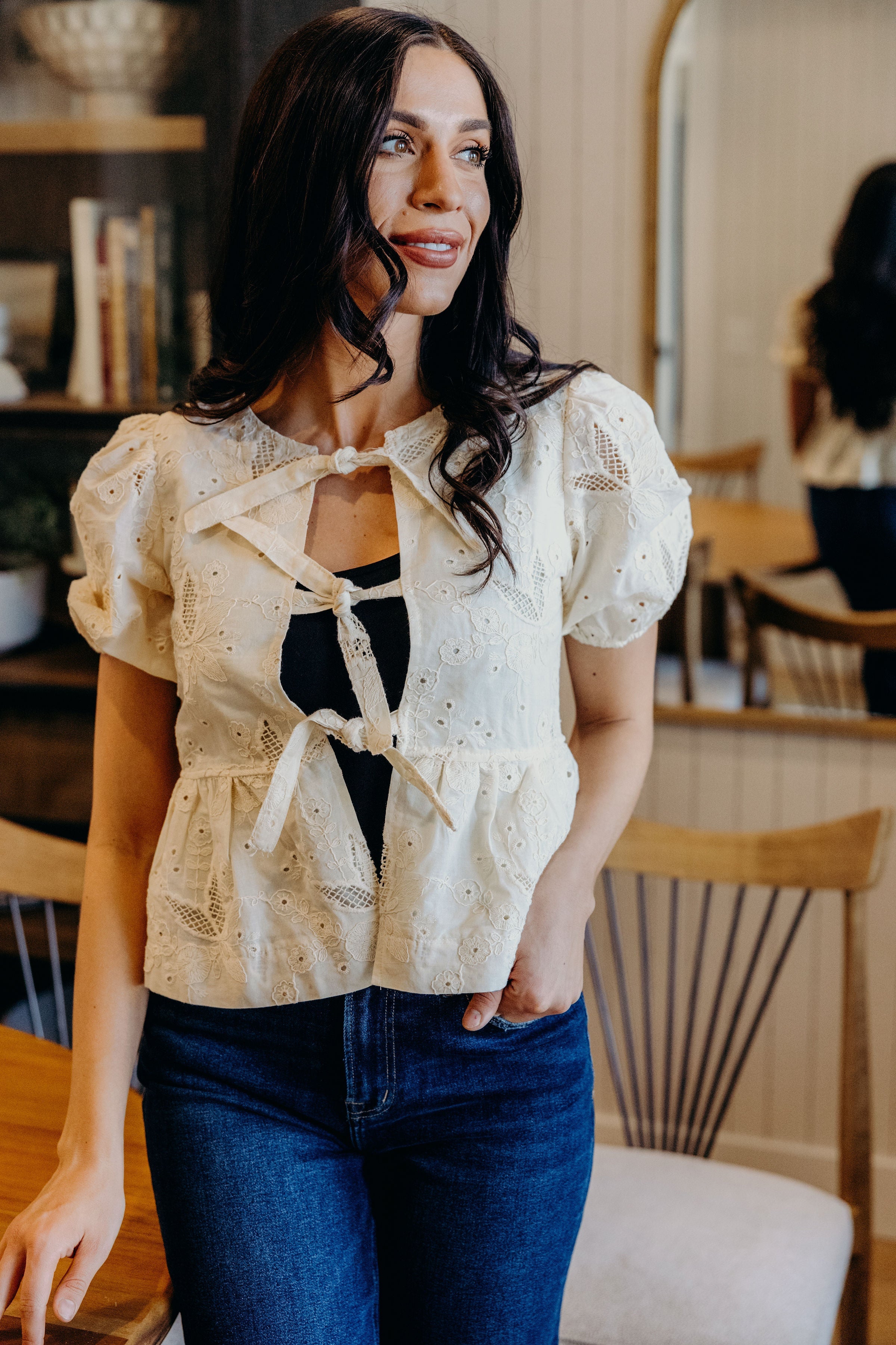TIE FRONT LACE BLOUSE IN ANTIQUE CREAM FINAL SALE