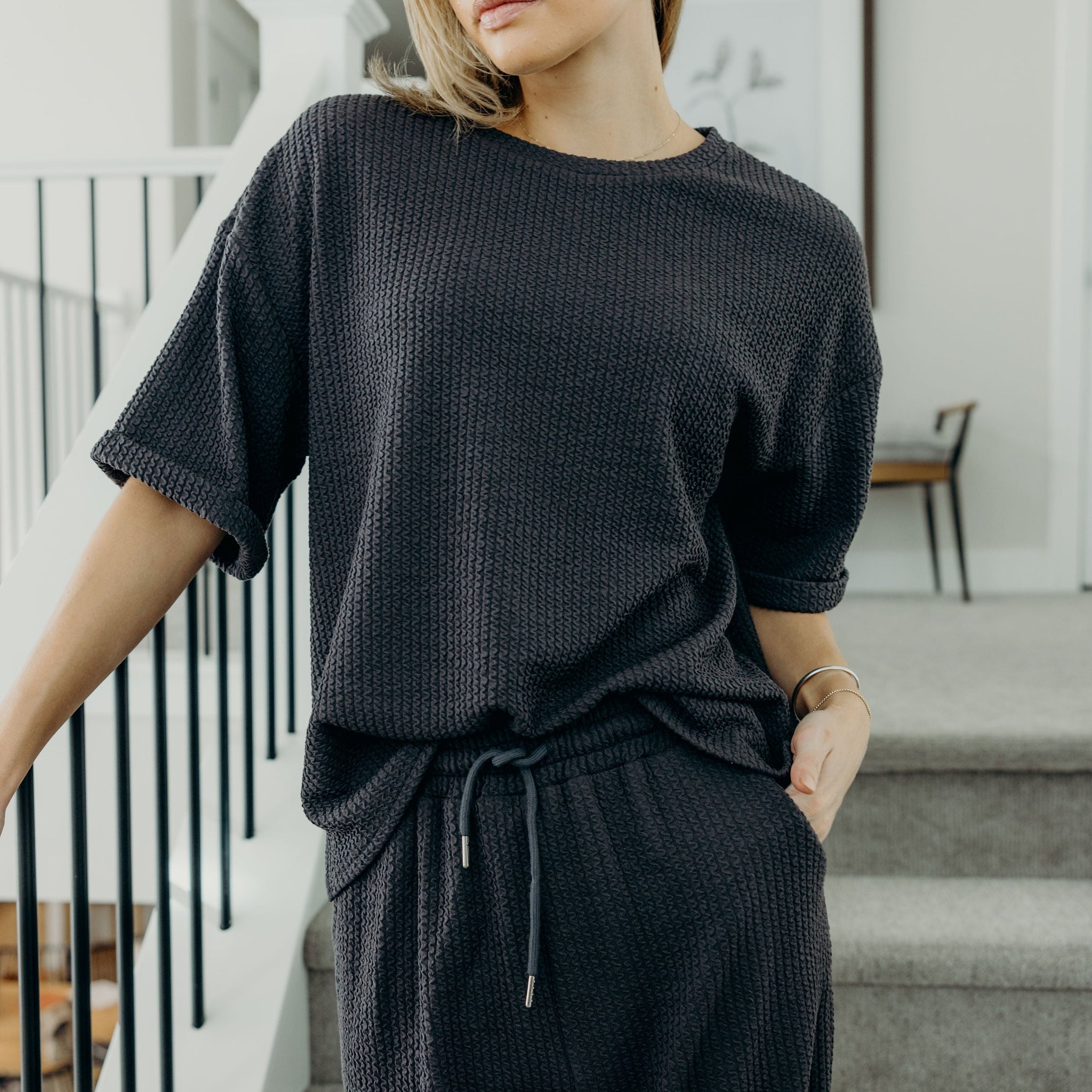 TEXTURED KNIT TOP IN RICH CHARCOAL FINAL SALE