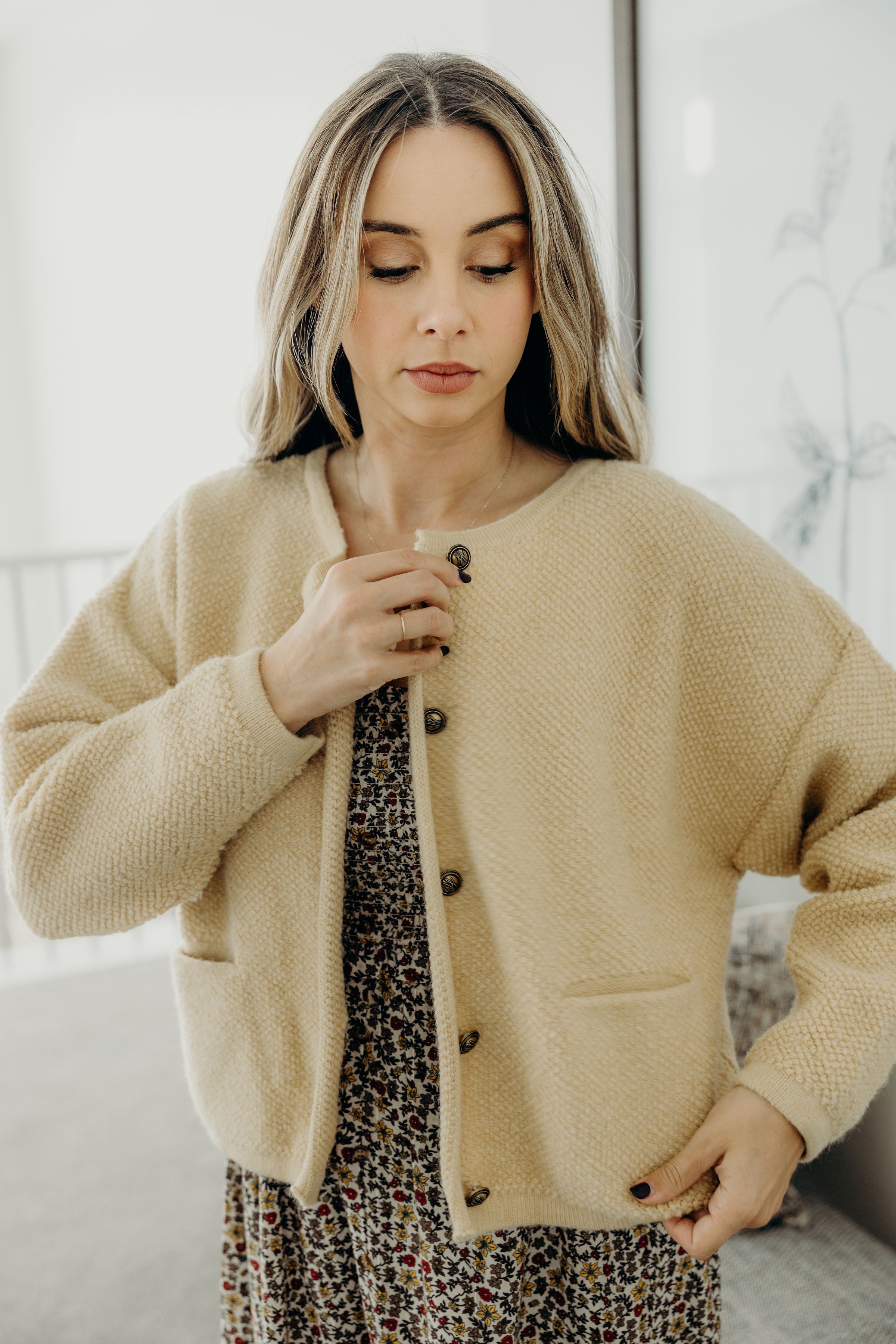 BUTTON FRONT CARDI IN CORNSILK FINAL SALE