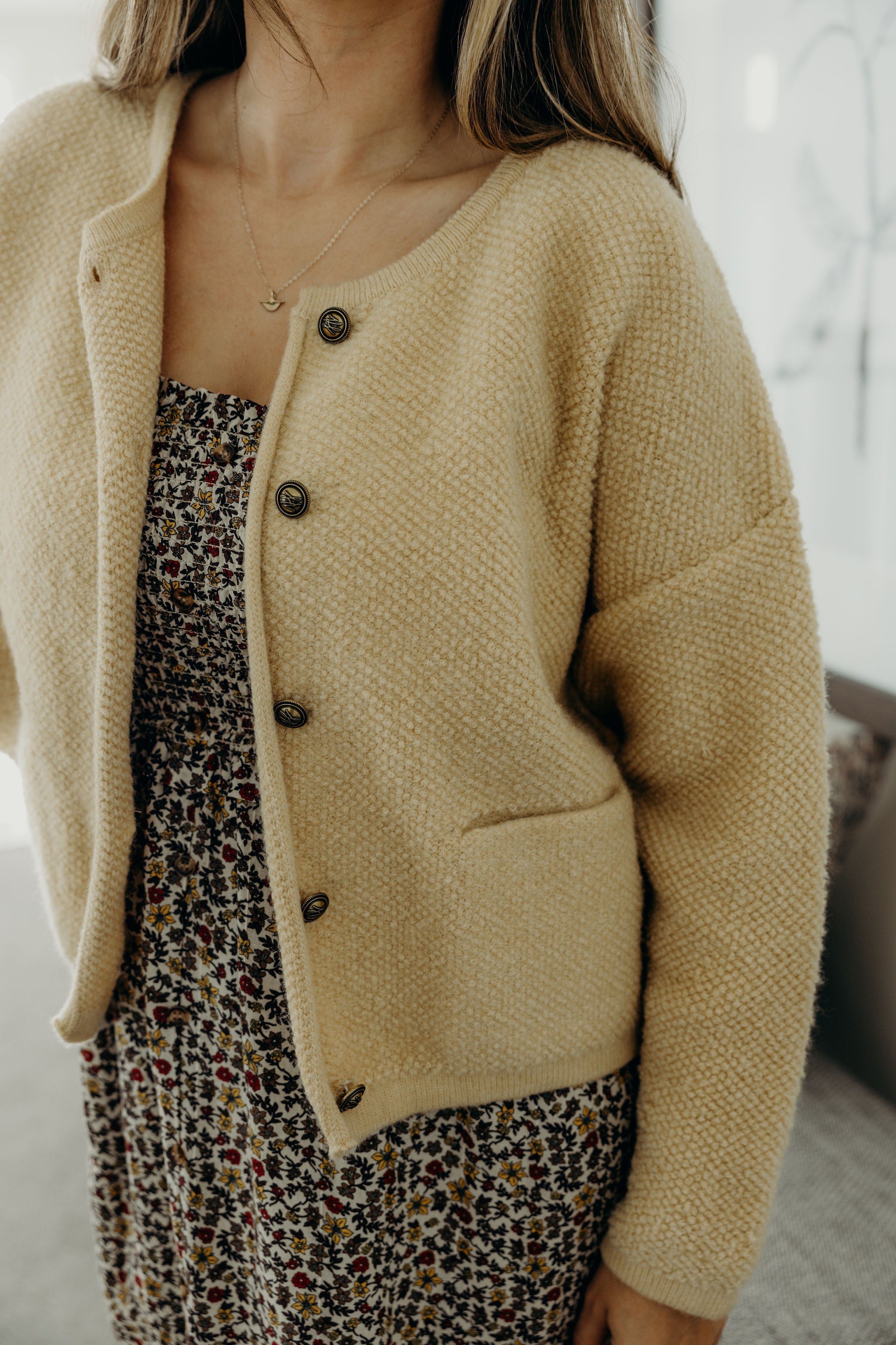 BUTTON FRONT CARDI IN CORNSILK FINAL SALE