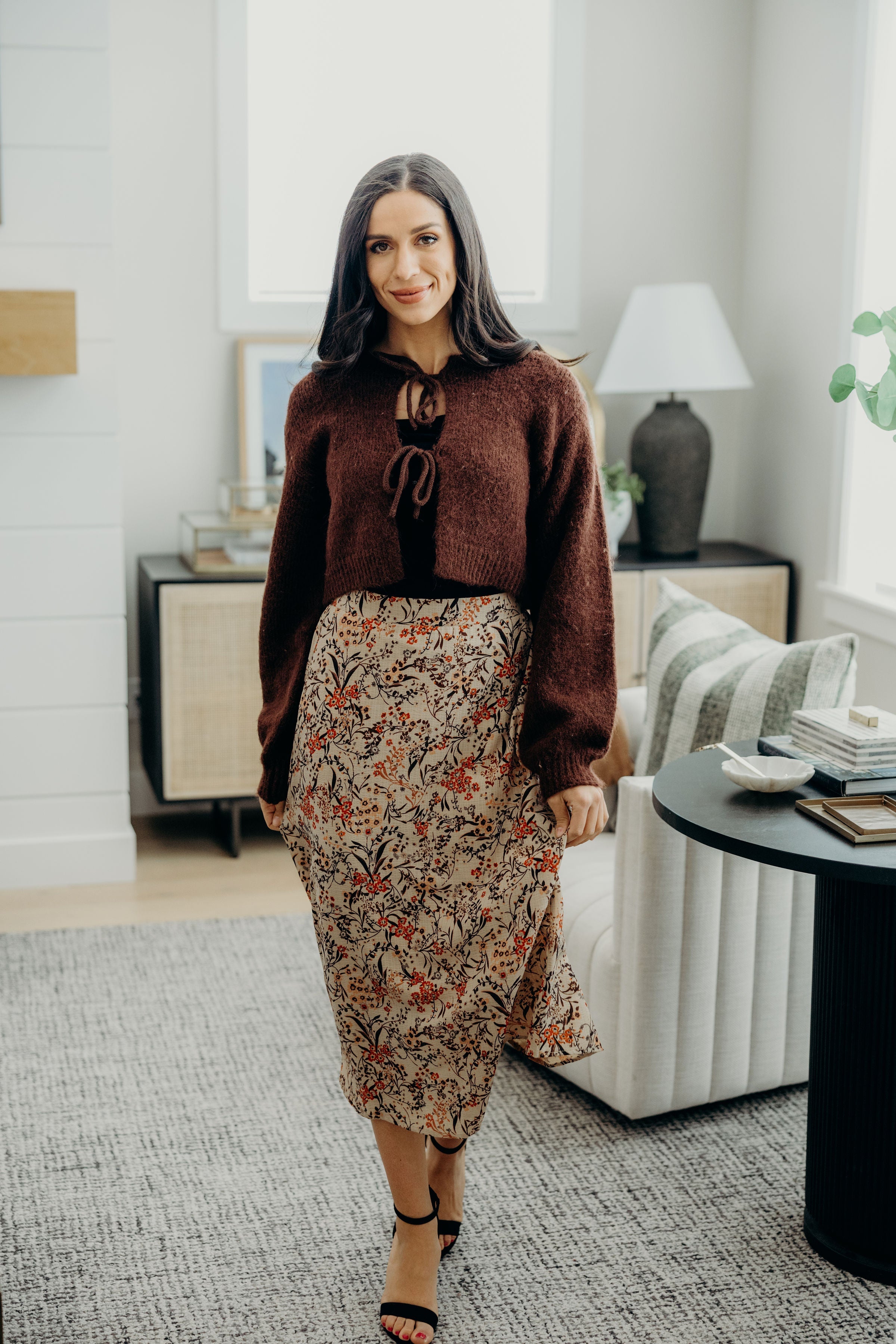 BOW FRONT CROP SWEATER IN FOXY BROWN FINAL SALE