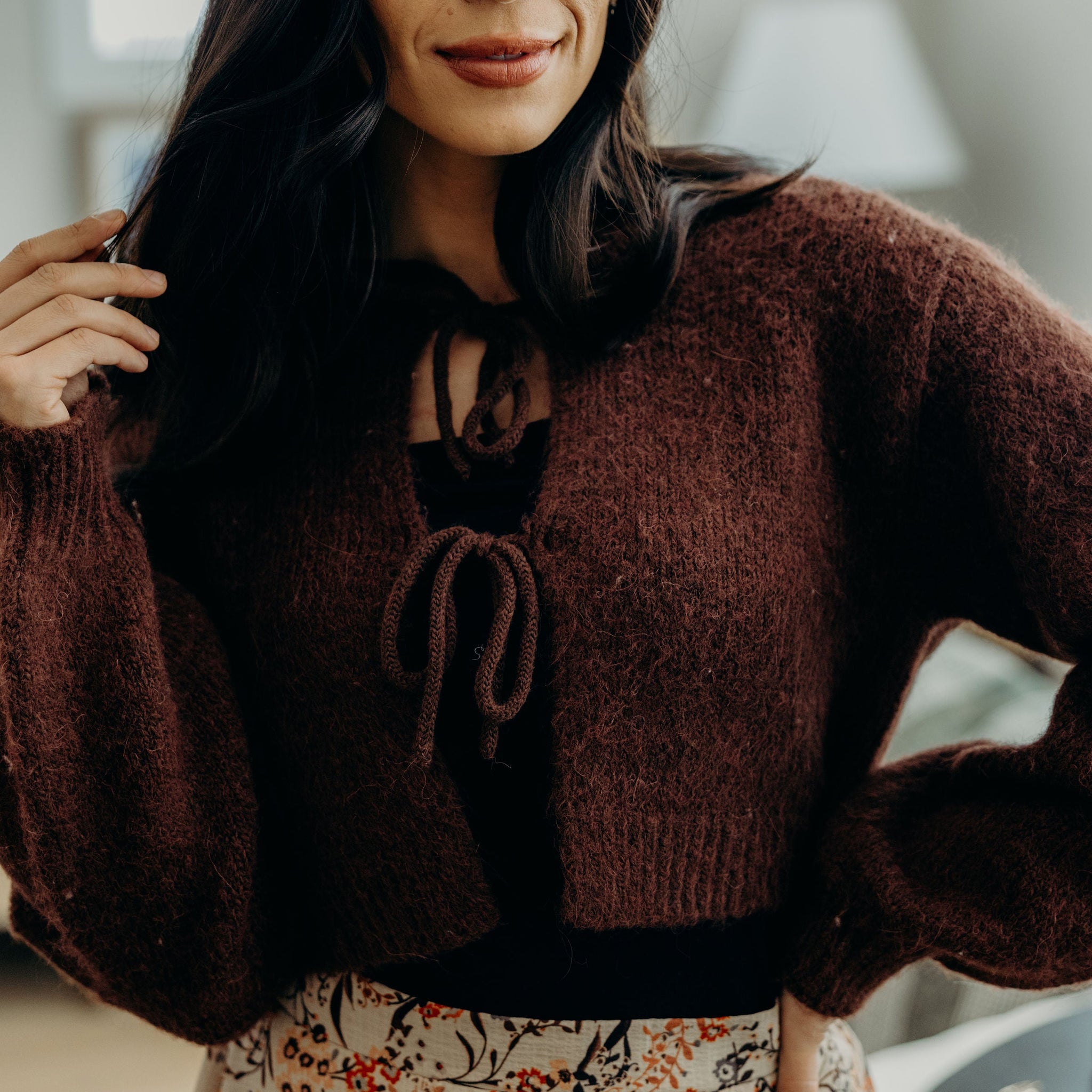 BOW FRONT CROP SWEATER IN FOXY BROWN FINAL SALE