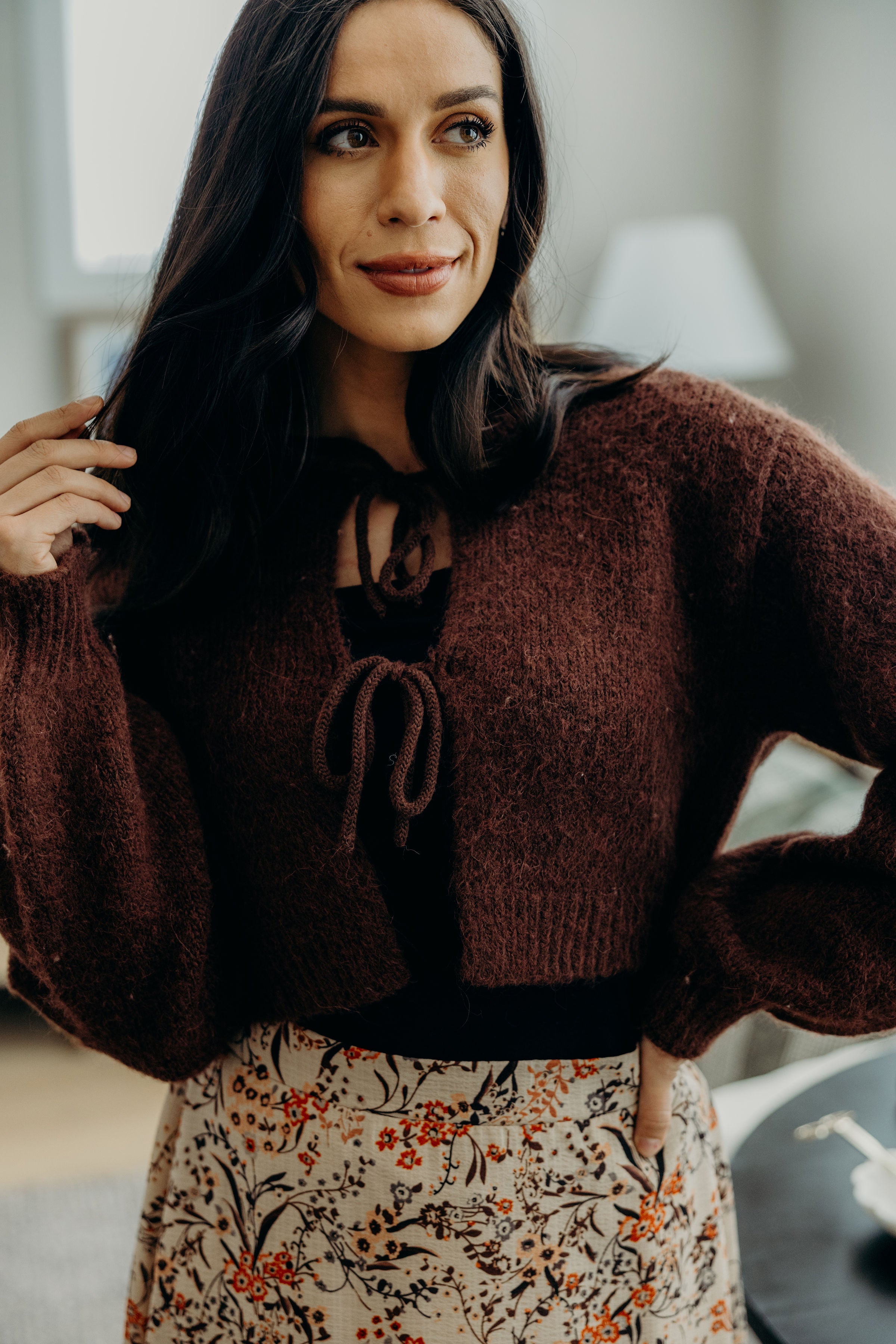 BOW FRONT CROP SWEATER IN FOXY BROWN FINAL SALE