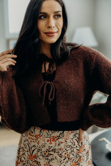 BOW FRONT CROP SWEATER IN FOXY BROWN FINAL SALE