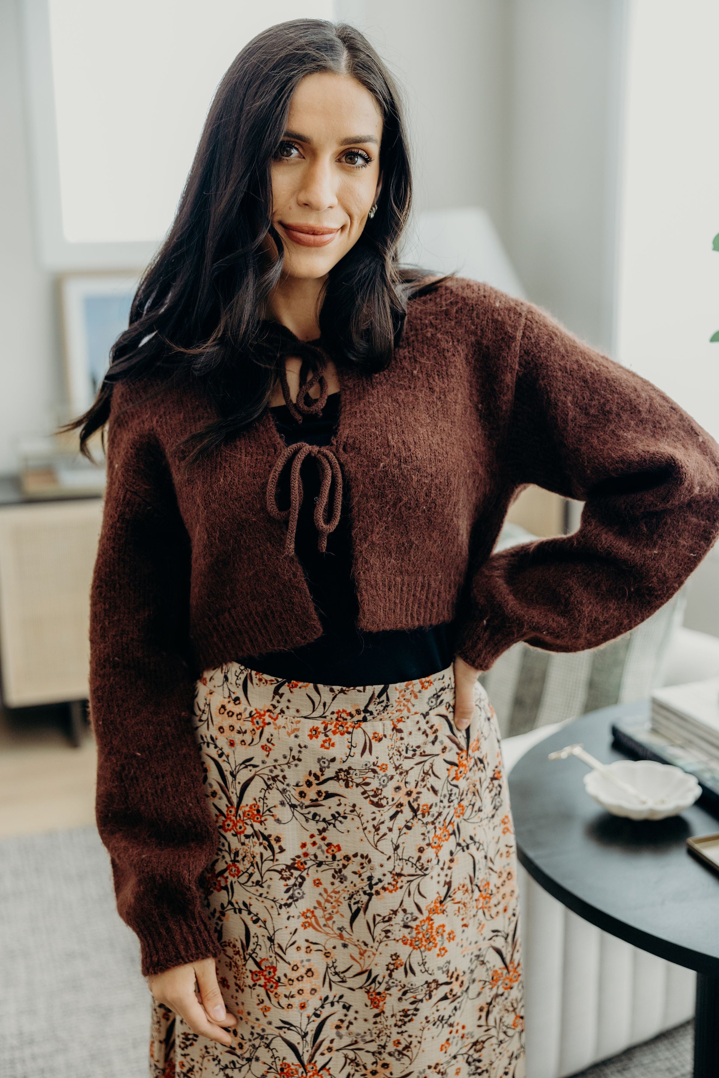 BOW FRONT CROP SWEATER IN FOXY BROWN FINAL SALE