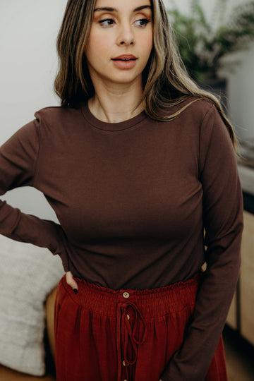 HIGH NECK LONG SLEEVE TEE IN RUSTIC BROWN FINAL SALE